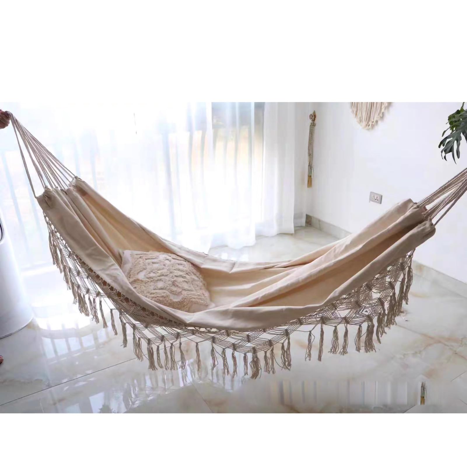 Hammock Tassel Hammock Lightweight Hammock Double Wearable Portable Rustic Tassel Hammock with 2 Tie Ropes Storage Bag for Camping Indoor Outdoor(Beige)