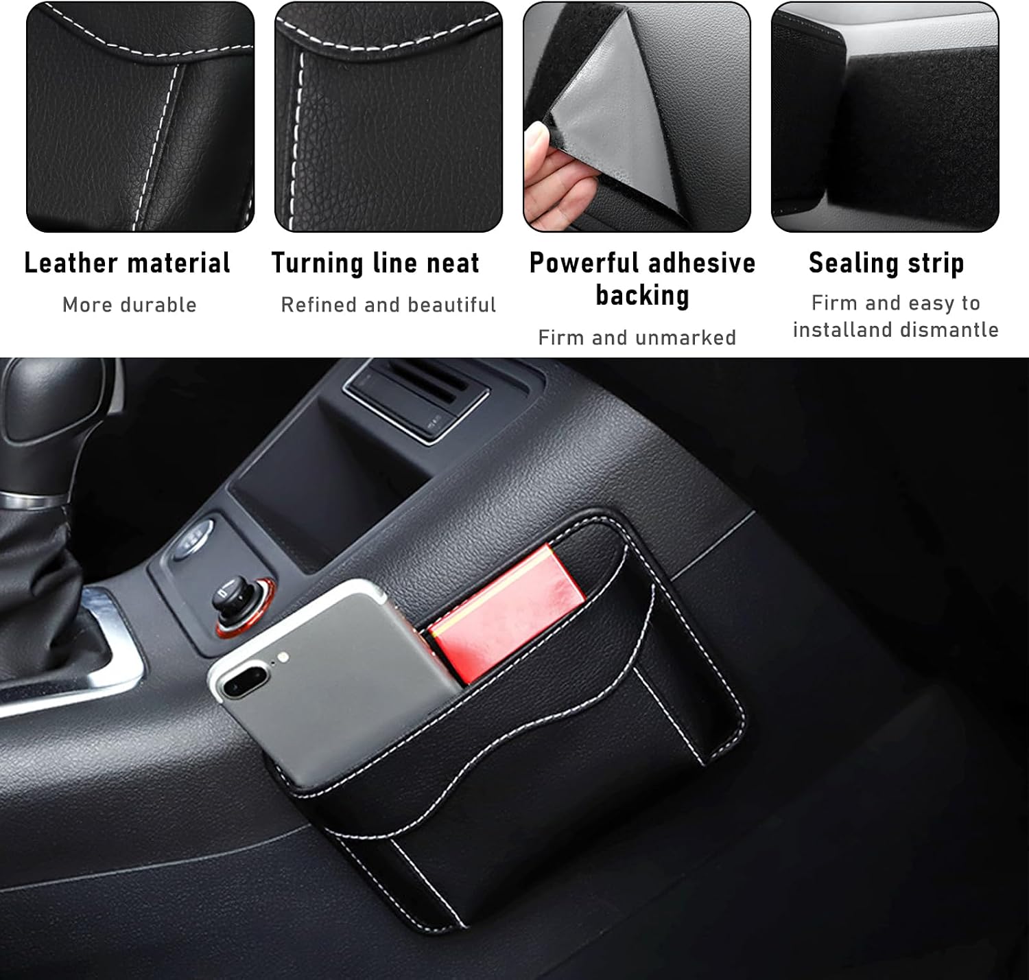 povtii 2 PCS Car Seat Side Pocket Organizer, PU Leather Cell Phone Sunglasses Storage Pocket, Mini Seat Gap Filler Pouch for Auto Seat Door Window Console, Interior Car Accessories (Black)