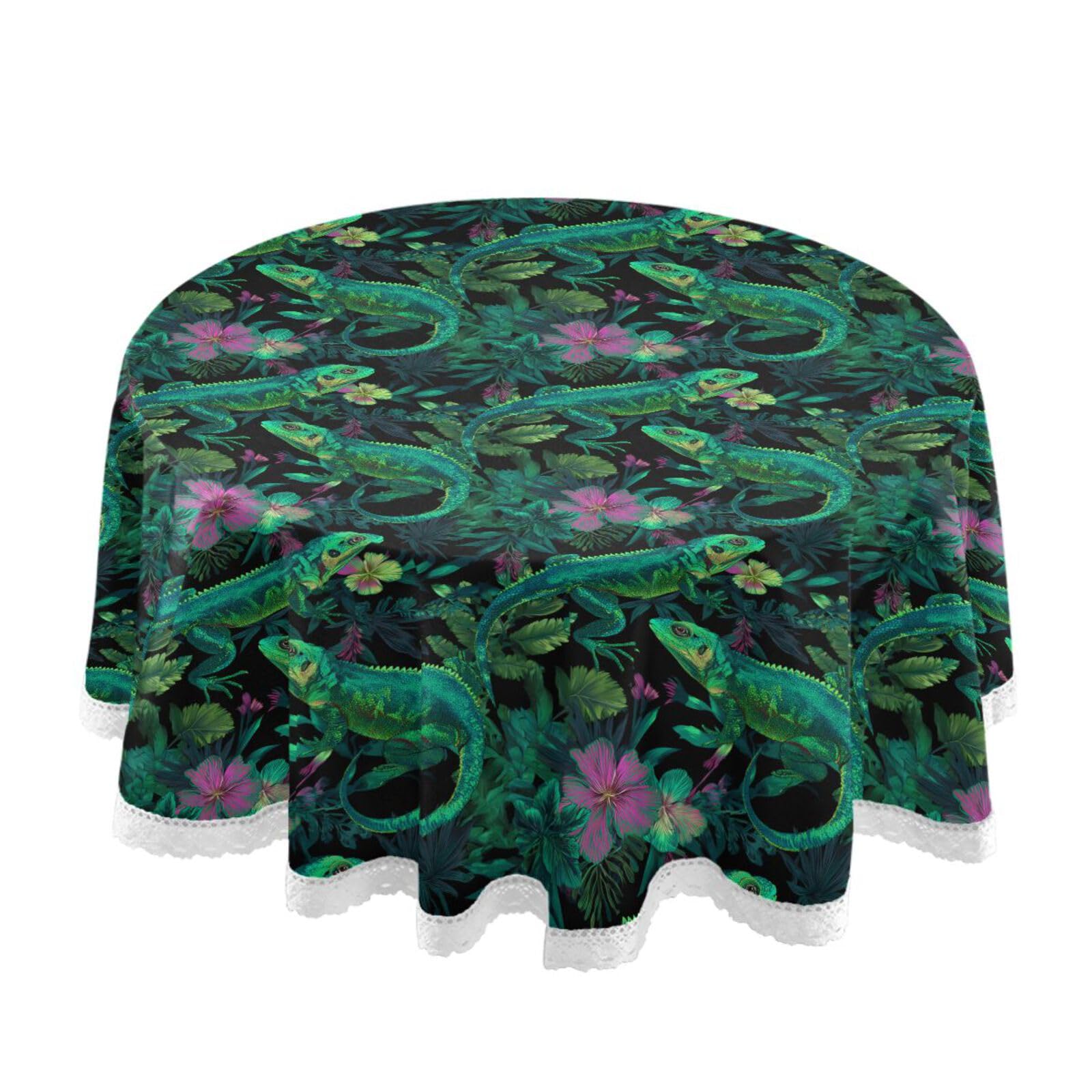 Nappe circulaire noire 152 cm à motif lézard tropical et dentelle élégante