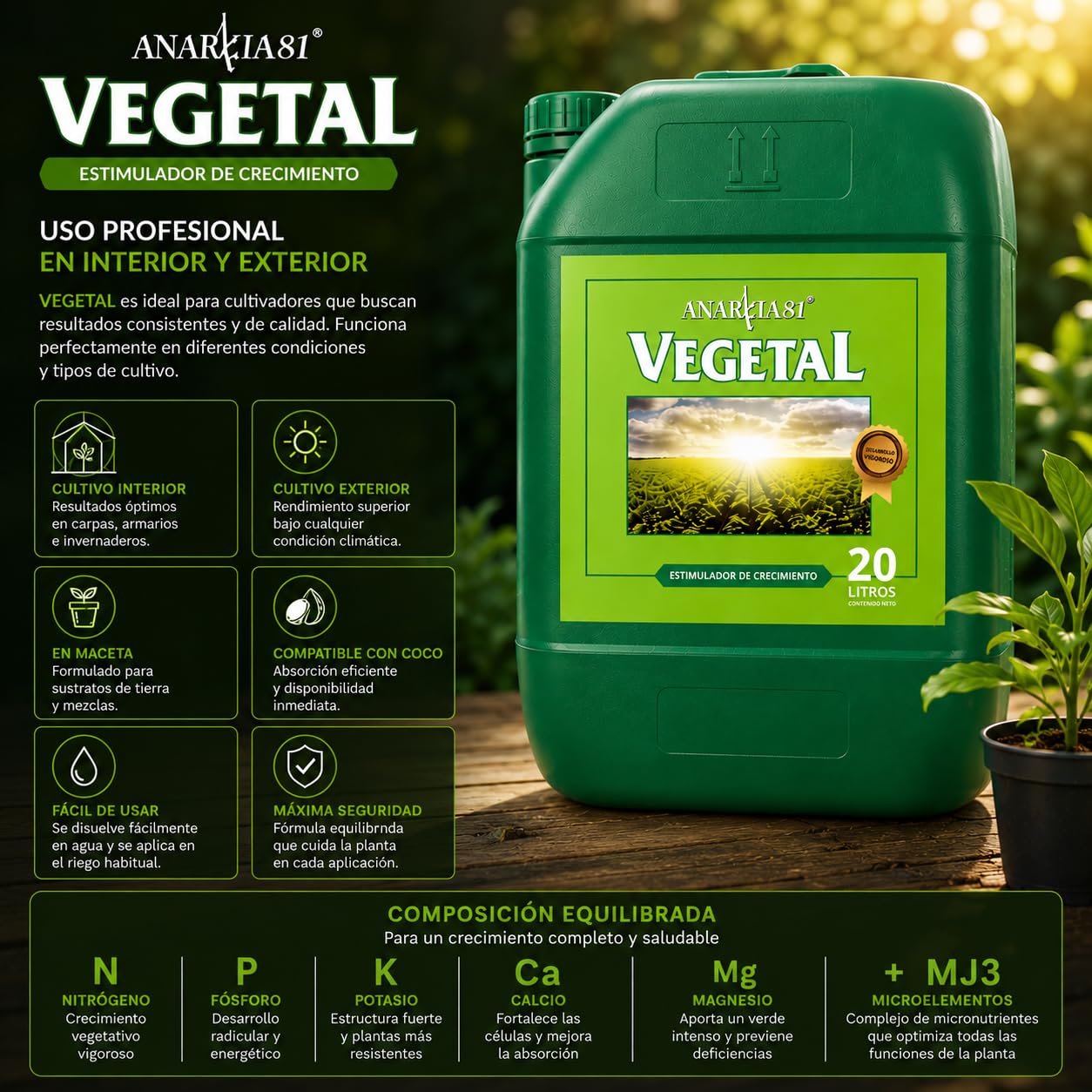VEGETAL 20 L – Fertilizante de Crecimiento para Plantas Abono Base Completo para Desarrollo Vegetativo Vigoroso Follaje Verde Intenso Cultivo Interior y Exterior - Anarkia81