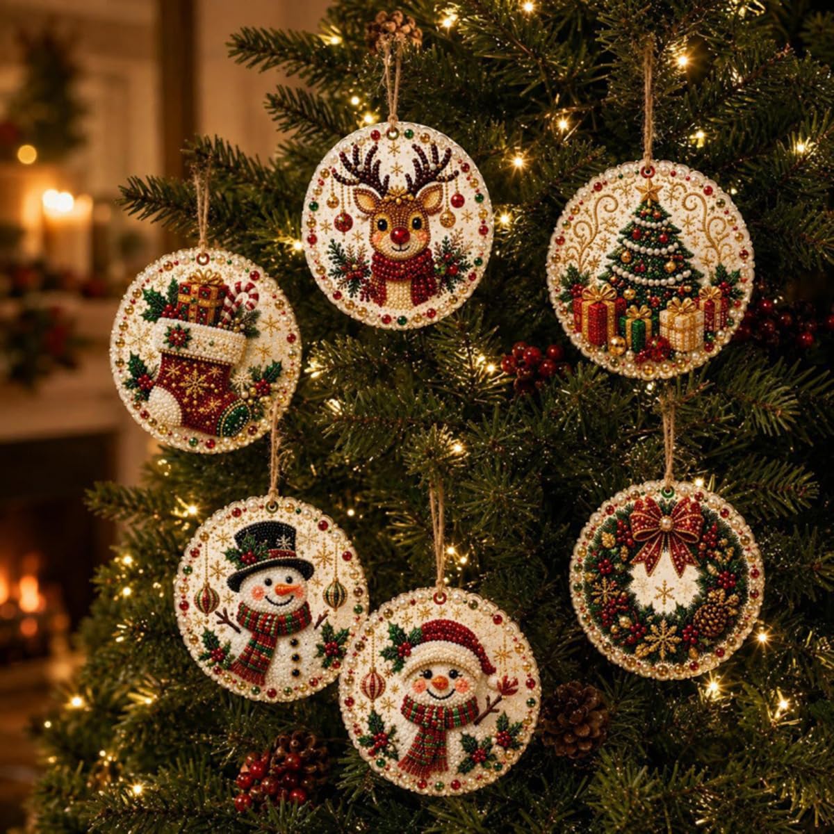 Pearl Art Christmas Ornaments, 6 Pcs DIY Pearl Diamond Art Kits for Adults (E)