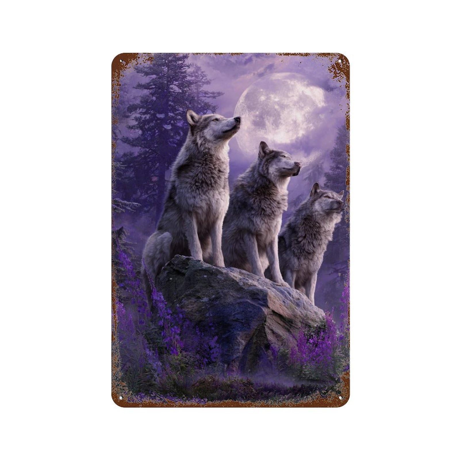 Rust Effect Wolf Pack Moonlit Forest Rustic Tin Plaque 11.8"x7.9", Old School Wall Decor for Shed, Workshop And Garage Wall Decor