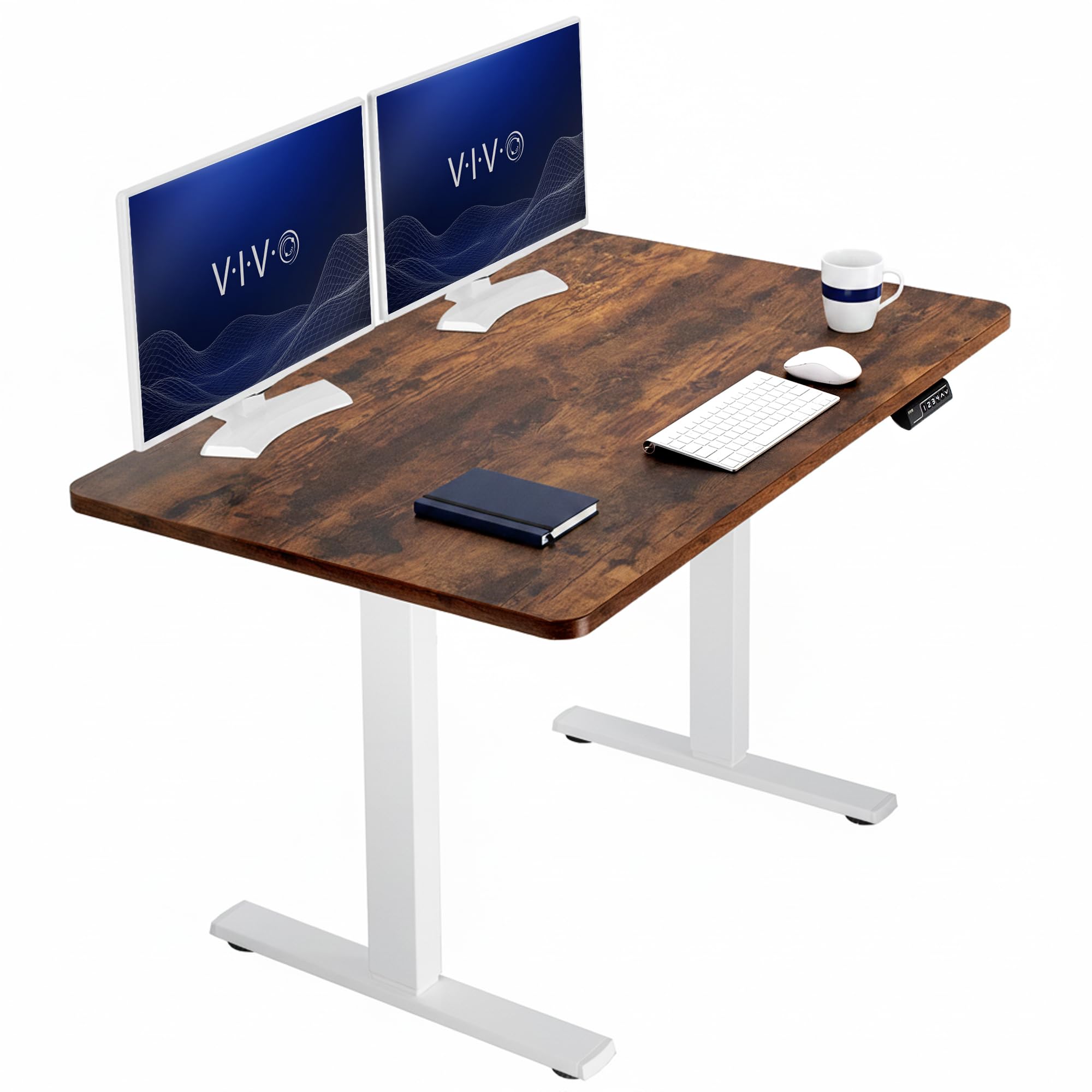 VIVO Rustic Vintage Brown 48 x 30 in Standing Desk, DESK-KIT-1W5N | Electric, Holds 220 lbs, Sit Stand, Height Adjustable, One-Piece Extra Deep Table Top, Memory Presets, 1B Series, White Frame