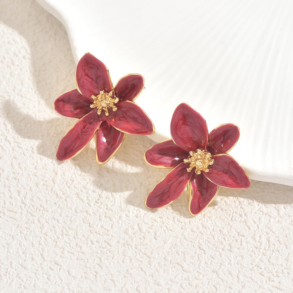 Burgundy Enamel Flower Stud Earrings for Women, Elegant Vintage Floral Earrings with Gold Details, Statement Jewelry for Daily Wear and Gift - Image 4