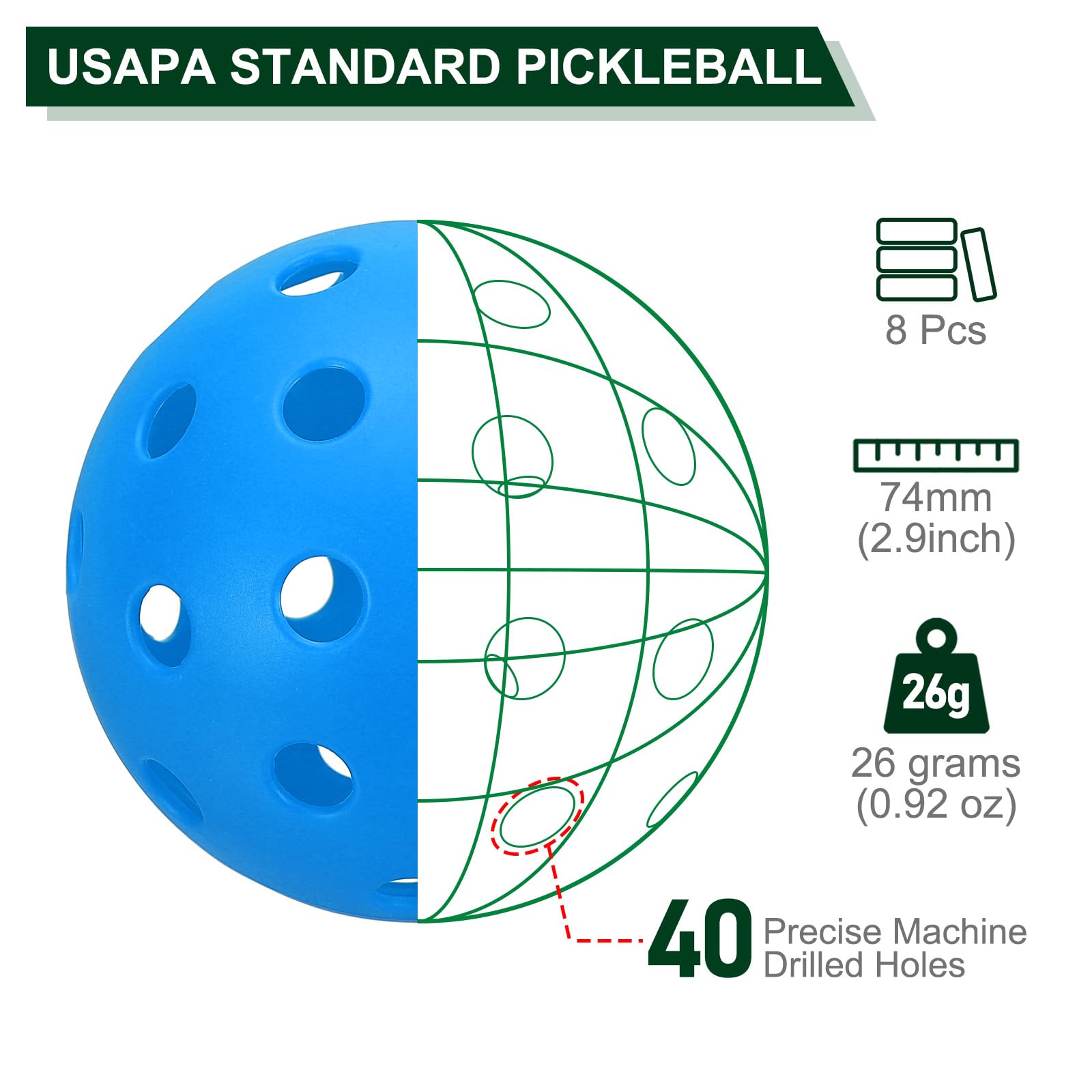 PATIKIL Outdoor Pickleball Balls 40 Holes 74mm 26g 8 Pack Blue - Image 2