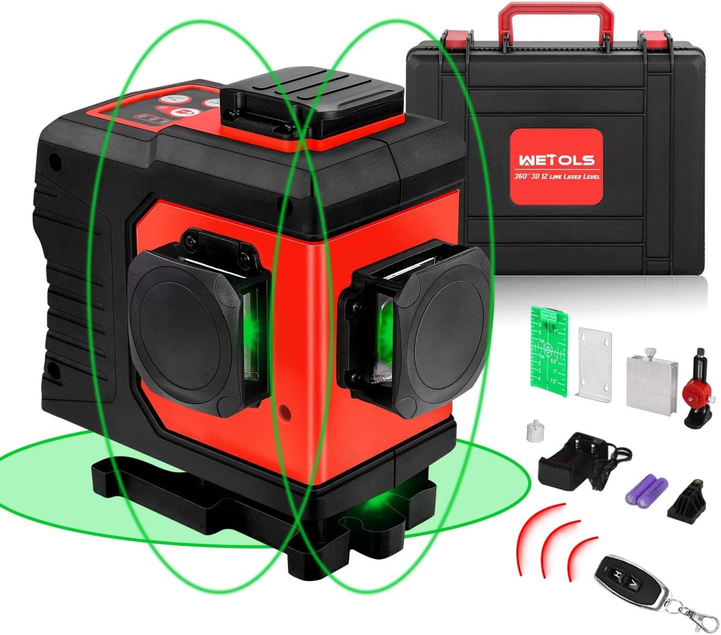 WETOLS 3x360° Laser Level, 12 Green Lines 3D Cross, Remote Control & Rechargeable, Adjustable Brightness, Three-Plane Self-Leveling, Portable Toolbox Included – WT-211