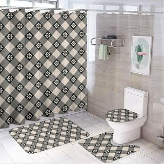 Juego de 4 piezas de baño con cortina de ducha y alfombras, juego de alfombrillas de baño negras a cuadros de margaritas, accesorios de decoración para tapa de inodoro y alfombrilla en forma de U con