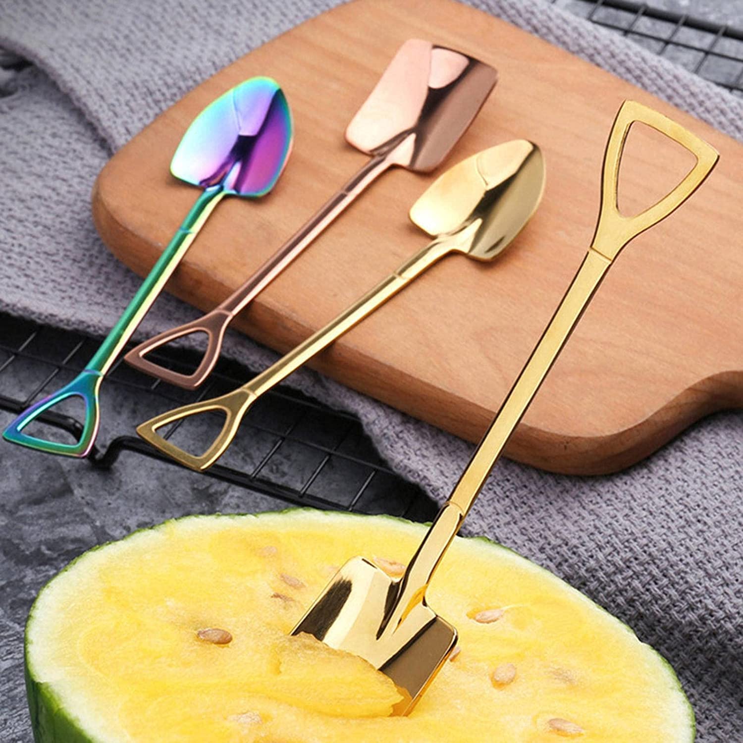 Löffel Restaurants 10. Stck Edelstahlschaufel Kaffee Löffel Kreative Schaufel Scoop Teelöffel Eisdessert Geburtstagsgeschenk Geschirr Esslöffel Hause(Gold Square Spoon)