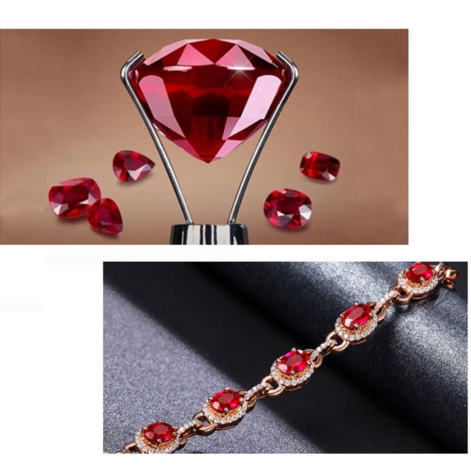 Pulseras Mujer Oro Rosa 9Kt / 14Kt / 18Kt, Oval con Rubí y Diamante, Cadena Extensible 16 CM + 5 CM, Pulseras Ajustable Mujer de Oro Rosa