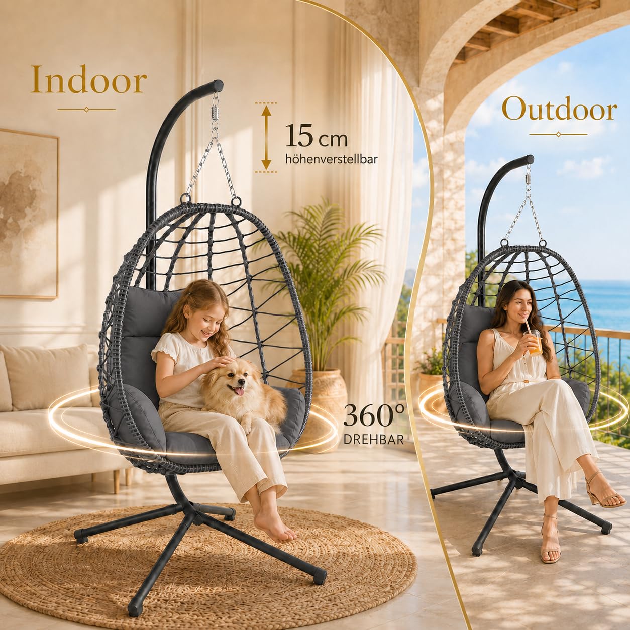 Fauteuil Suspendu avec Armature Coussins pour l'intérieur et l'extérieur - Balançoire Suspendue Rotin Base Robuste Jusqu'à 150 kg Hauteur Réglable - pour Salon, Balcon, Terrasse en Gris