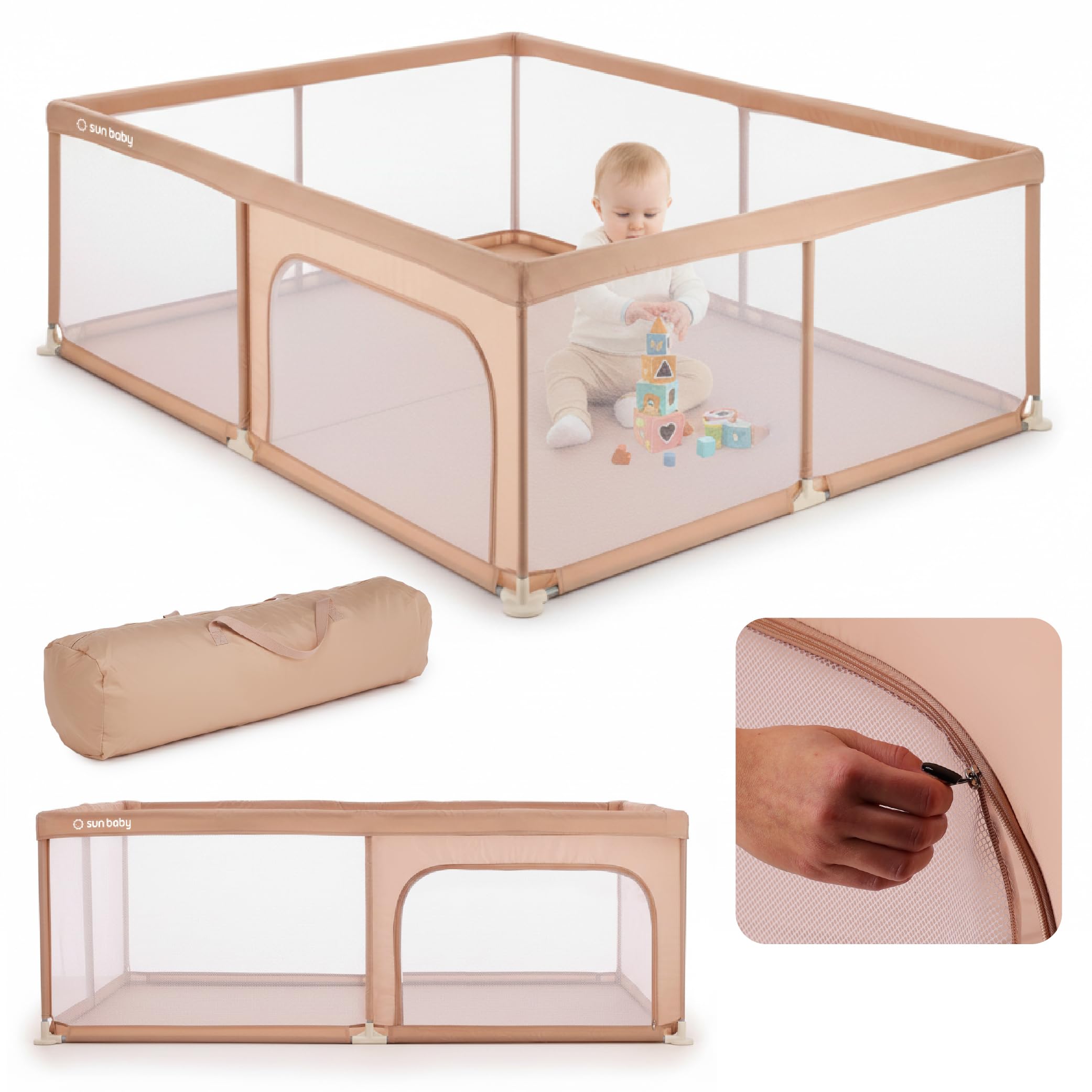 sun baby Parque Infantil 150x200 cm 0-2 años Salmón, poliéster, paredes de malla, entrada con cremallera, pies antideslizantes, bolsa incluida, estructura metálica
