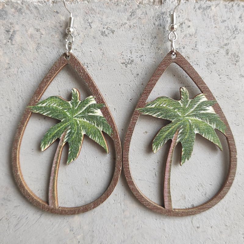 Handmade Boho Nature Wooden Mountain Dangle Drop Earrings Lightweight Wood Hollow Teardrop Hook Earring Tree Cactus Pattern Statement Earring Outdoor Enthusiast Jewelry Gifts - Image 2