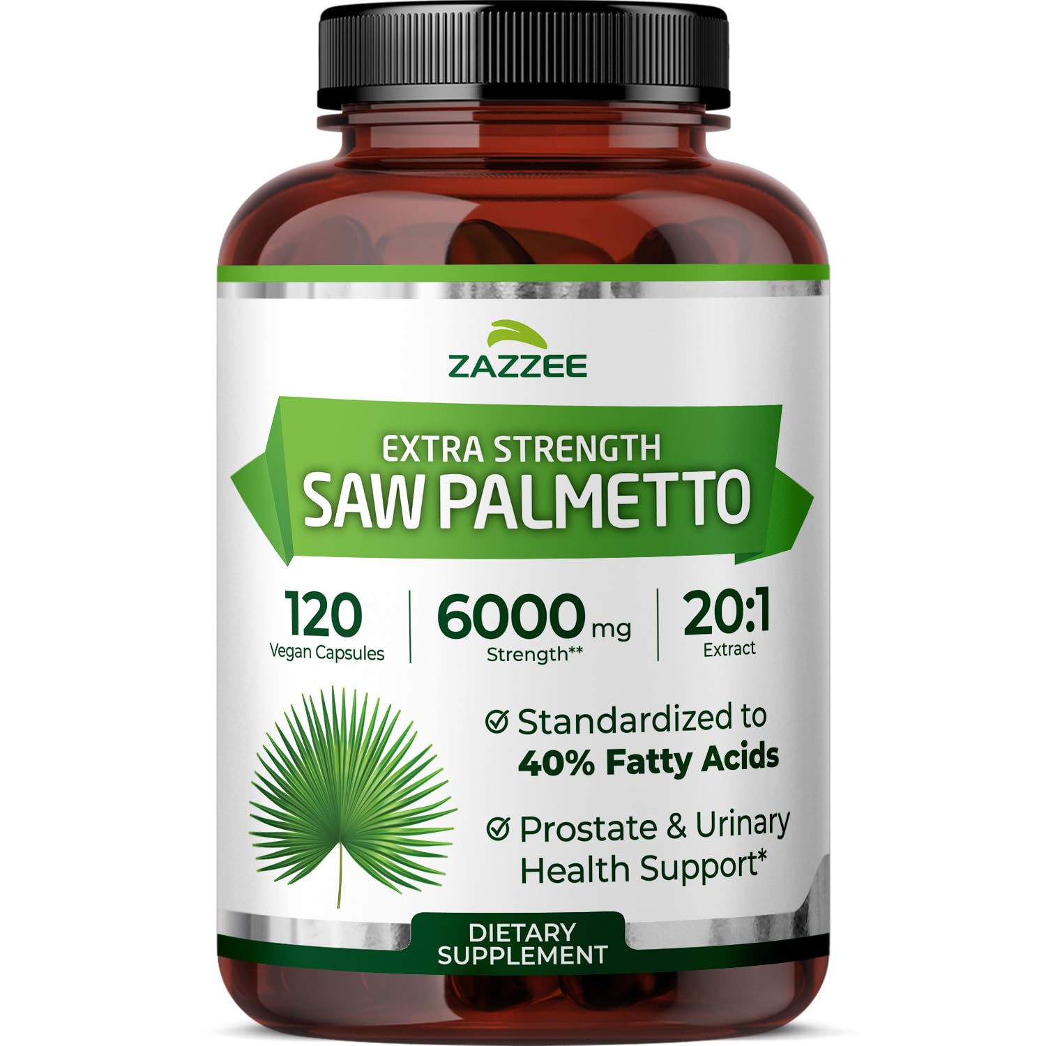 Extra Strength Saw Palmetto 20:1 Extract, 6000 mg Strength, 40% Fatty Acids, 120 Vegan Capsules, 4 Month Supply, Concentrated and Standardized 20X Extract, Non-GMO, All-Natural, Made in the USA