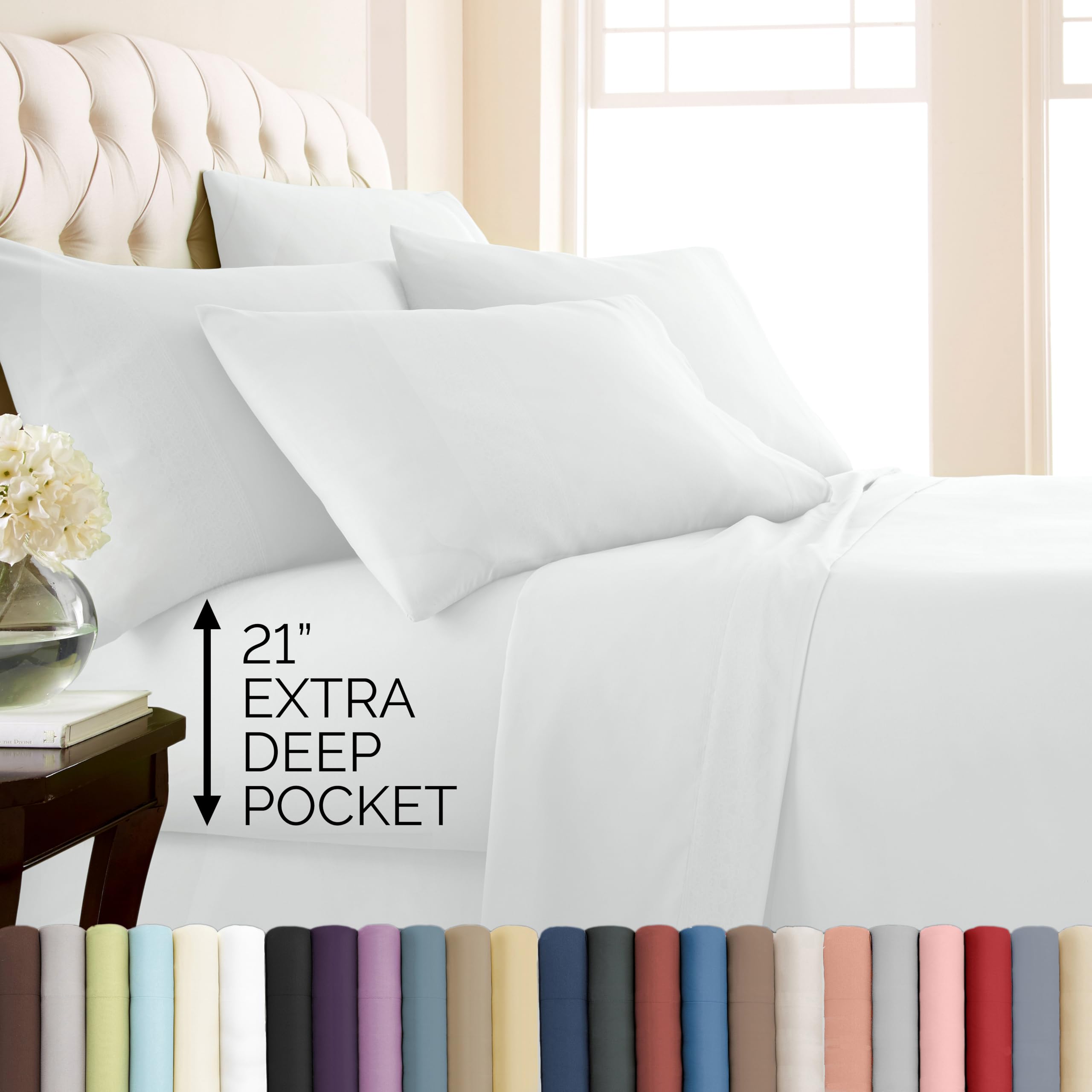 Southshore Fine Living, Inc. 6-Piece, 21-Inch Extra Deep Pocket Cal King Sheet Set, Pet Hair Resistant White California King Sheets w/Pillow Cases Set of 4, Easy Care Microfiber, White Sheets