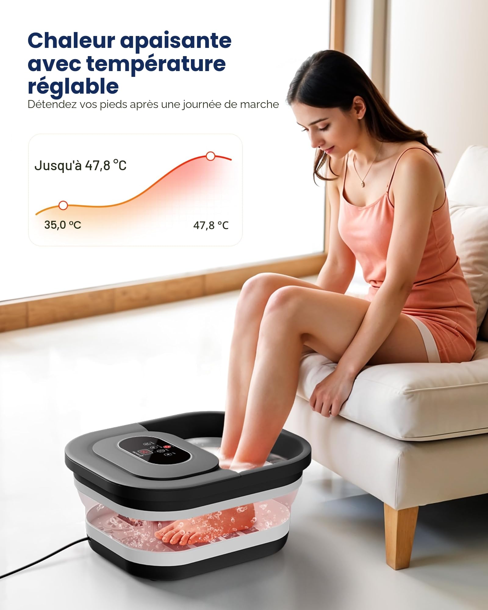 COMFIER Bain de pieds chauffant de massage|Masseur de pieds pliable|Fonction de vibration et de bulles|Pierre ponce pour pieds|35℃-48℃|Avec 8 rouleaux Shiatsu (Noir)