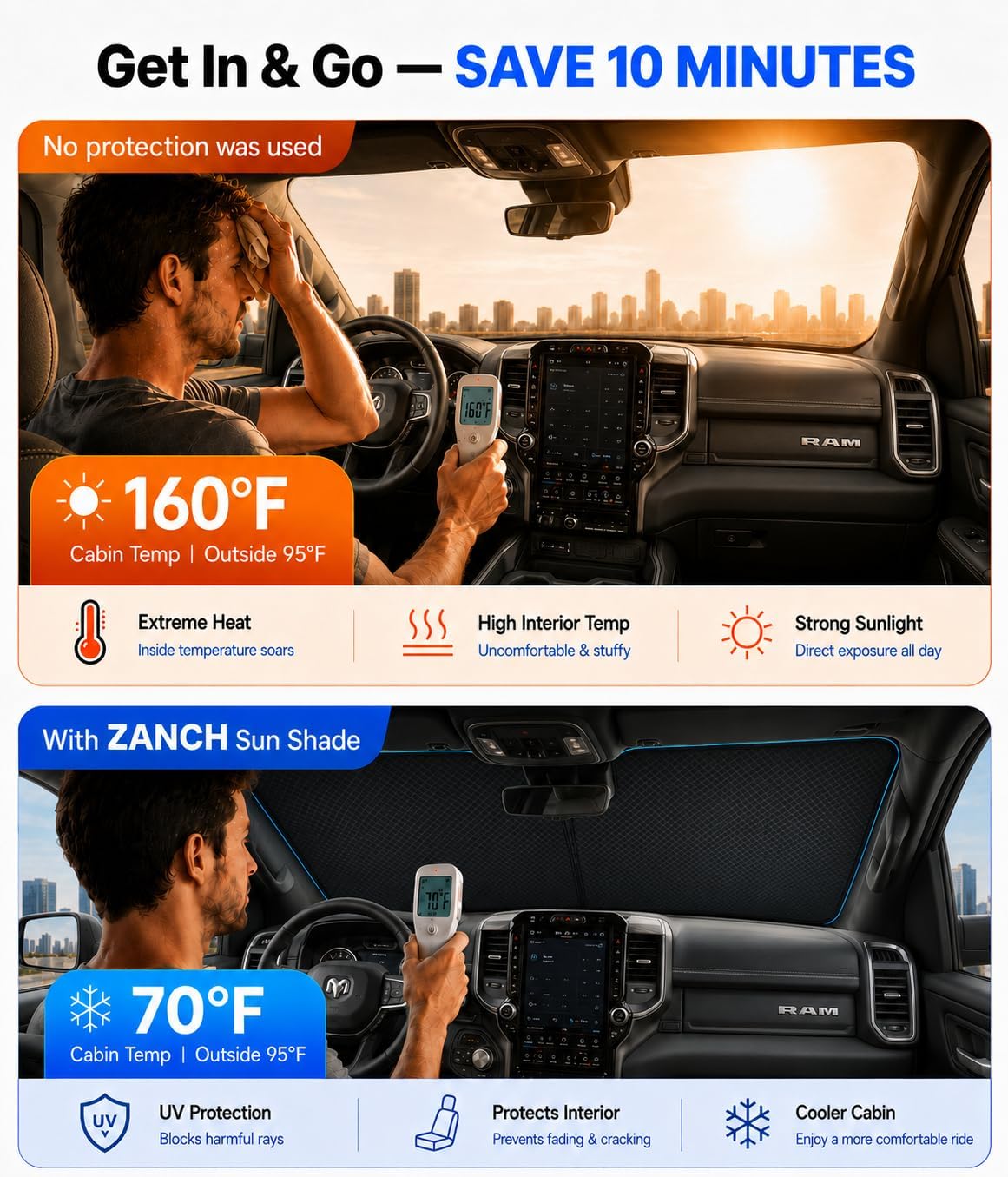 Zanch Custom Windshield Sun Shade for Toyota Tacoma 2016-2026, 7-Layer Heavy-Duty UV & Heat Block Protection, 3D Scanned Fit Truck Window Shade, Instant Cooler, Foldable Accessories