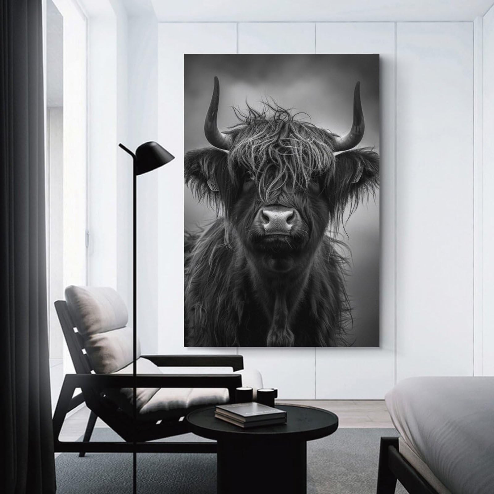 Junmoney Hanging Wall Art Black& White Highland Cow Portrait Photo, 20x30inch(50x75cm), for Wall Displays, Bedrooms Or Room Updates, Wall Decor Suited to Curated Displays