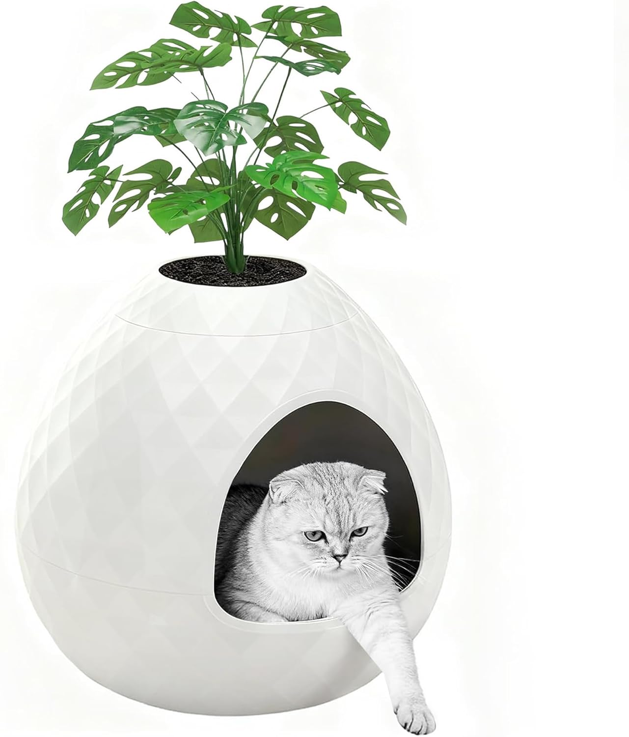 Hidden Cat Litter Box Enclosure with Odor Control, Plant Hidden Litter Box with Removable Planter Top in Living Room, Bedroom, Corner, Easy Clean, Indoor Design, Original Round Style,White