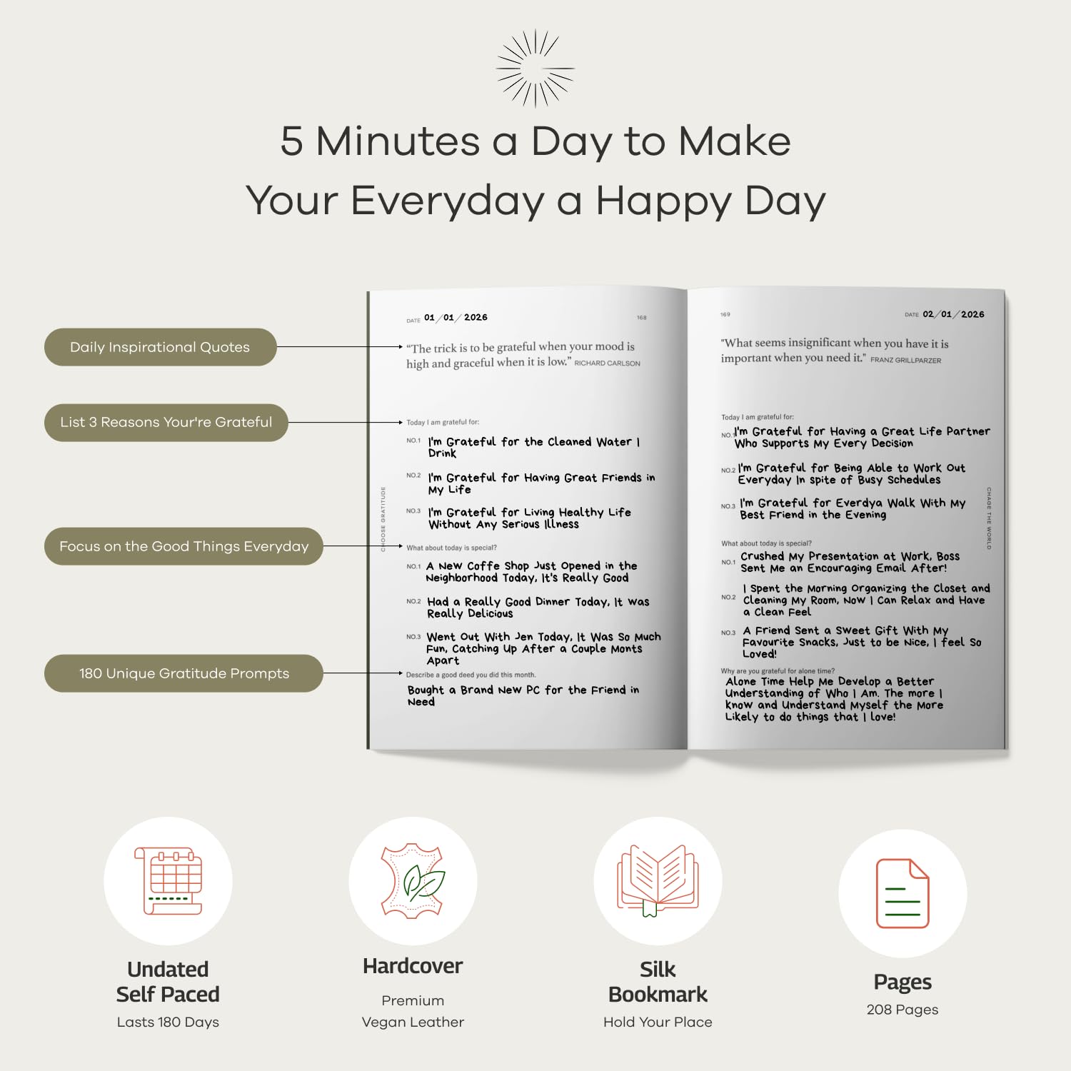 Gratitude Gifted Diario de gratitud guiado de 5 minutos: 180 indicaciones diarias, cuidado personal y atención plena, tapa dura de cuero, sin fecha para fomentar la felicidad, el bienestar, la