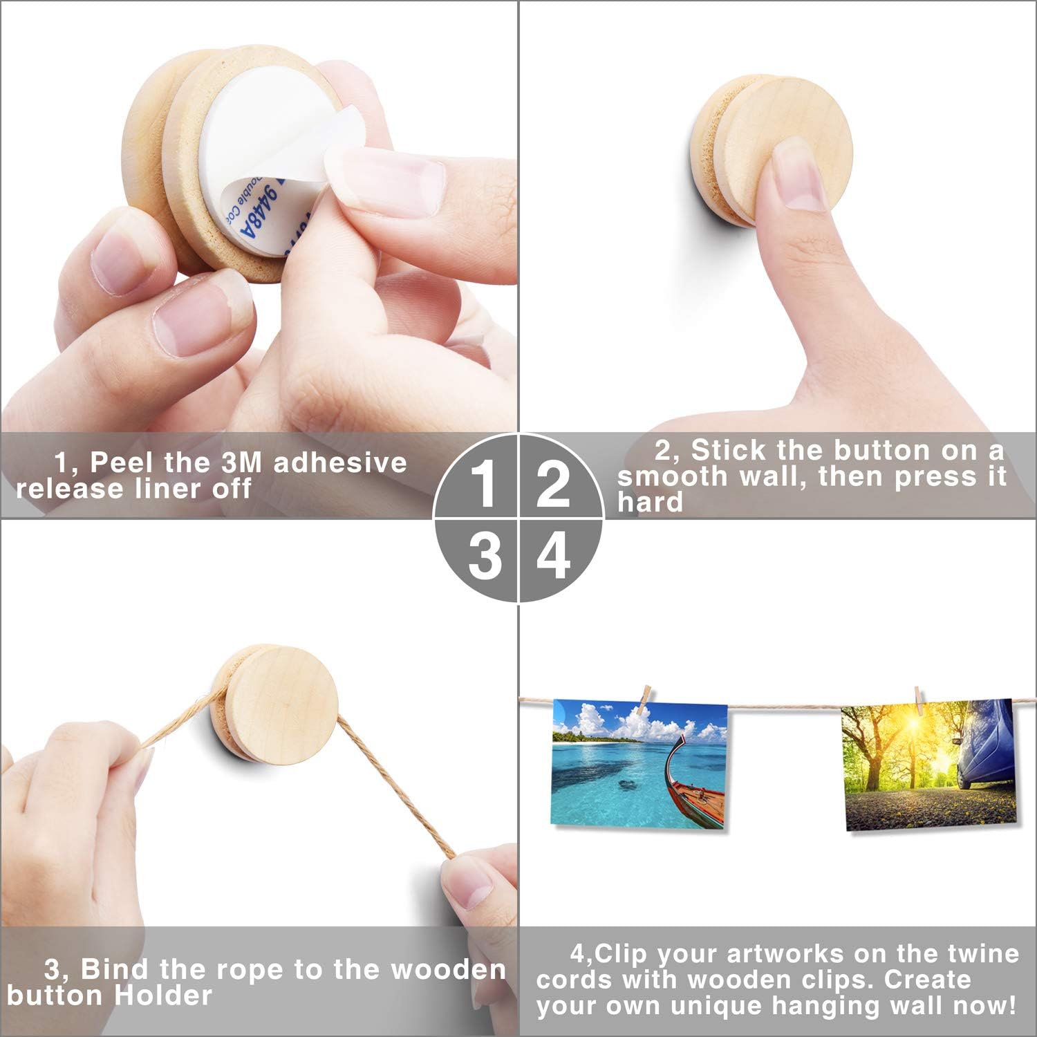 TWING Clip Photo Display - Easy Install Self Adhesive 3M Hanging Photo Display Picture Frame Collage - 10 Wooden Button Holders for Wall Decor Hanging Photos