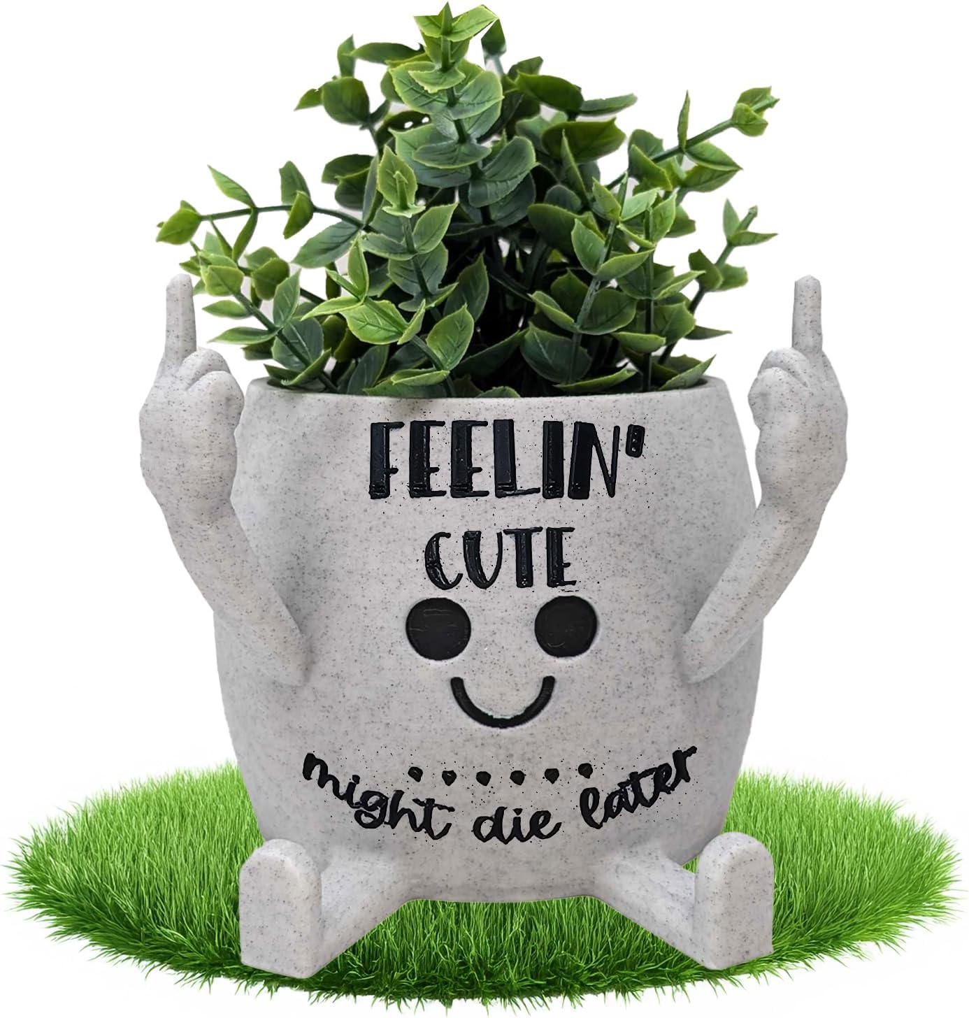 Funny Face Head Planter Pot, Unique Small Succulent Flower Pot, Cute Cactus Planter, Indoor Outdoor Home Decor, Office Desk Plant Pot, Novelty Gardening Gift Set (Feelin' Cute, Medium)