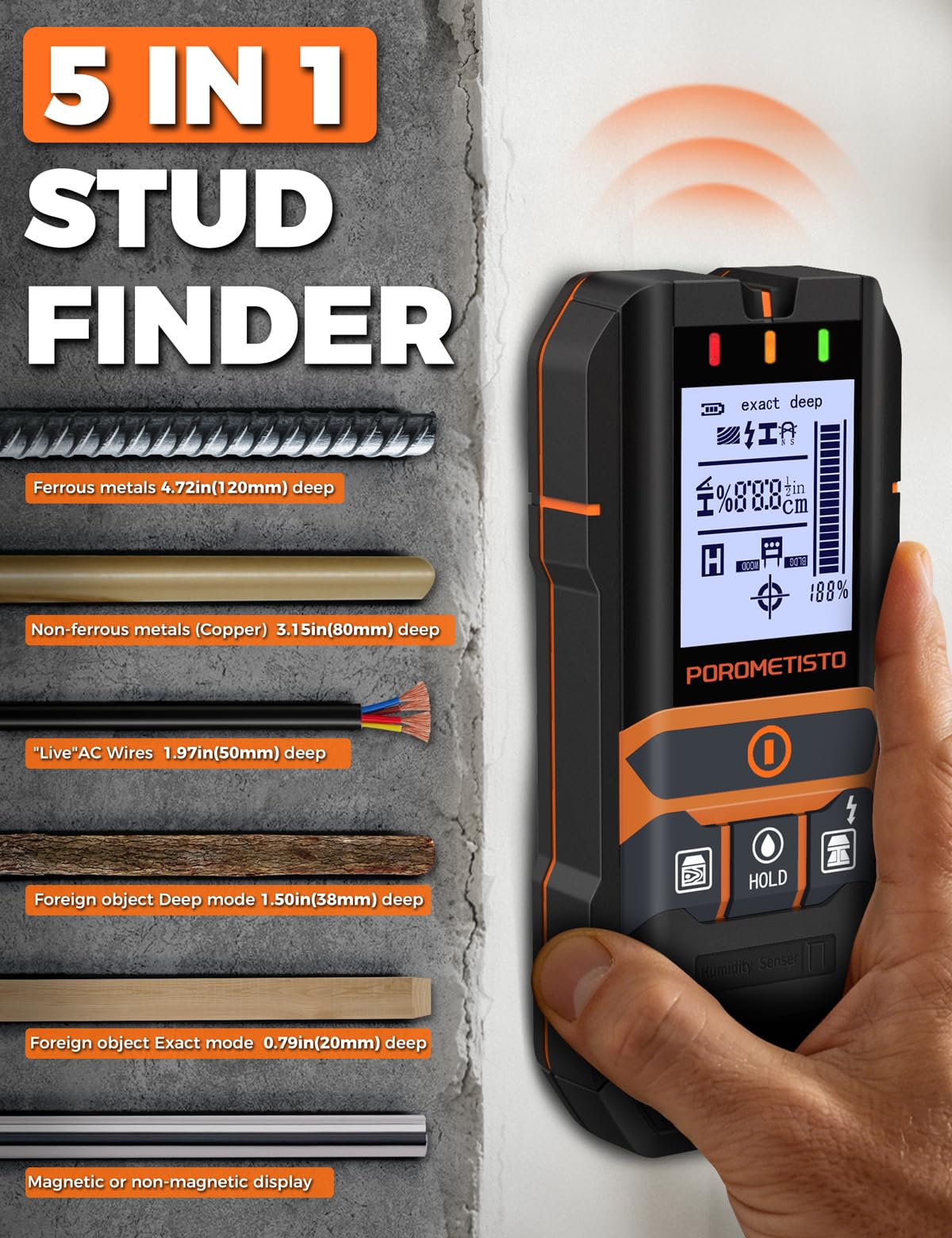 Rilevatore Tubi E Cavi Elettrici 2-in-1 Con Misuratore Umidità, Scanner POROMETISTO Per Legno, Metallo, Cavo CA