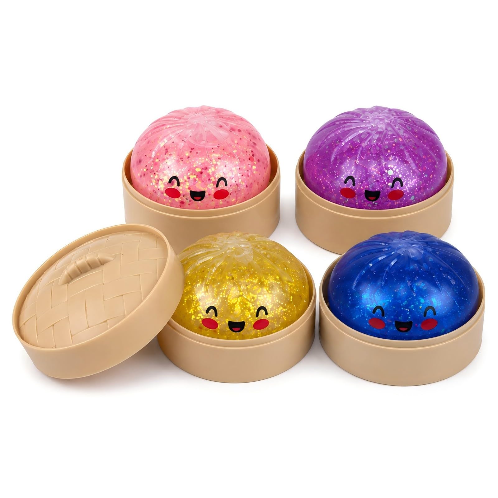 Plimto Dumpling Squishy Toys 4 Pack with Plastic Steamers, Glitter Bao Bun Squishy Squeeze Toys, Soft TPR Sensory Fidget Toys for Kids and Adults, Kawaii Desk Decor Gift, Sparkle Colours