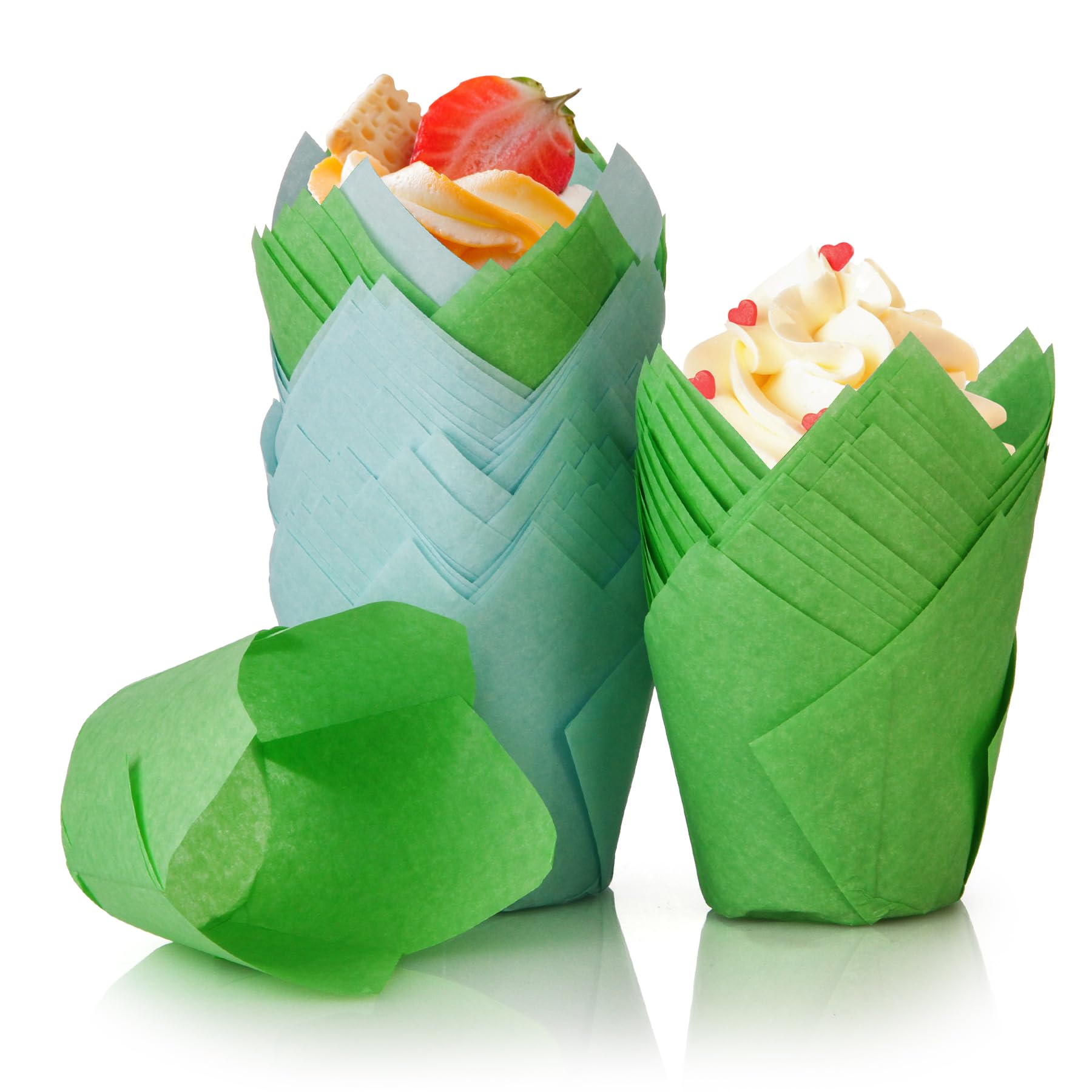 Spesh 100 sztuk papierowych foremek do muffinek w kształcie tulipanów, babeczek, tulipanów, jednorazowych kubków do pieczenia, na wesela, urodziny, Wielkanoc, spotkania rodzinne (niebieskie)