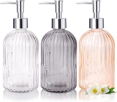 RETON 3 Pack Glass Soap Dispenser Set, 14 Oz Clear With Rust Proof Plastic Pump, Refillable Liquid Hand Dispenser for Bathroom, Kitchen Countertop 3 Colors
