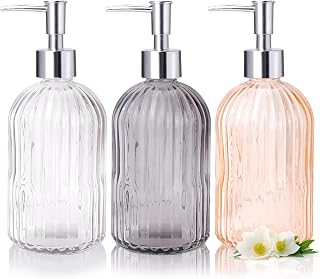 RETON 3 Pack Glass Soap Dispenser Set, 14 Oz Clear With Rust Proof Plastic Pump, Refillable Liquid Hand Dispenser for Bathroom, Kitchen Countertop (3 Colors)