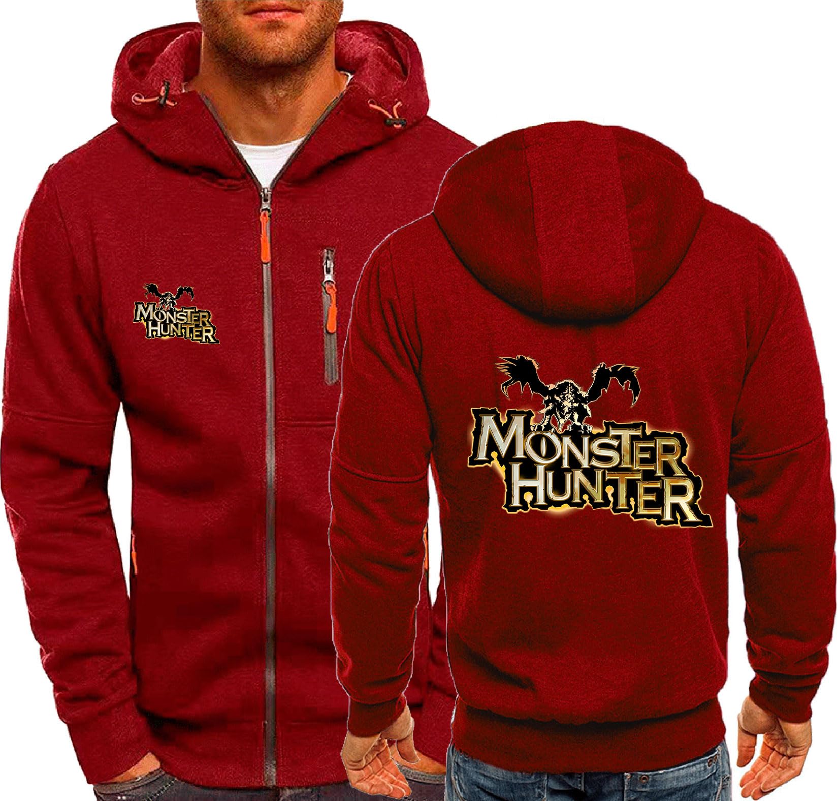 MODRYER Unisex Pullover Hoodie For Monster Hunter Zipped Hooded Sweatshirts For Mens Women Jumper Warm Cosy Hoody Outerwear Teenagers Hoodies,Red-3XL