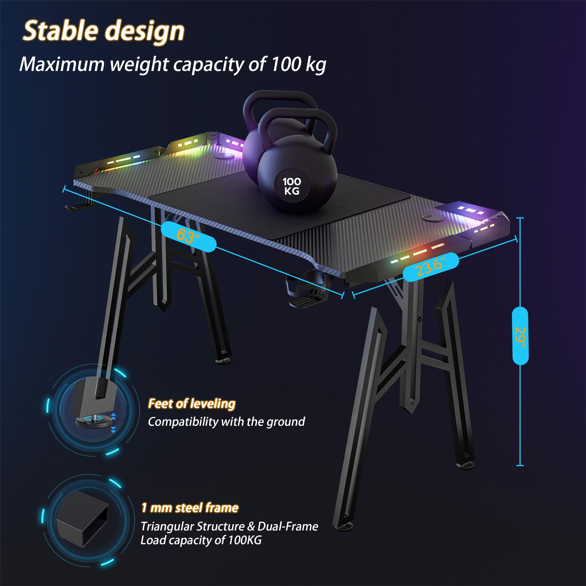 UISEBRT 160x60x73cm Mesa Gaming M-Frame con LED, Mesa de Ordenador con Portavasos y Gancho para Auriculares, Superficie de Fibra de Carbono, Mesa Gaming, Negro, Mesa Ergonómica Gamer para Dormitorio