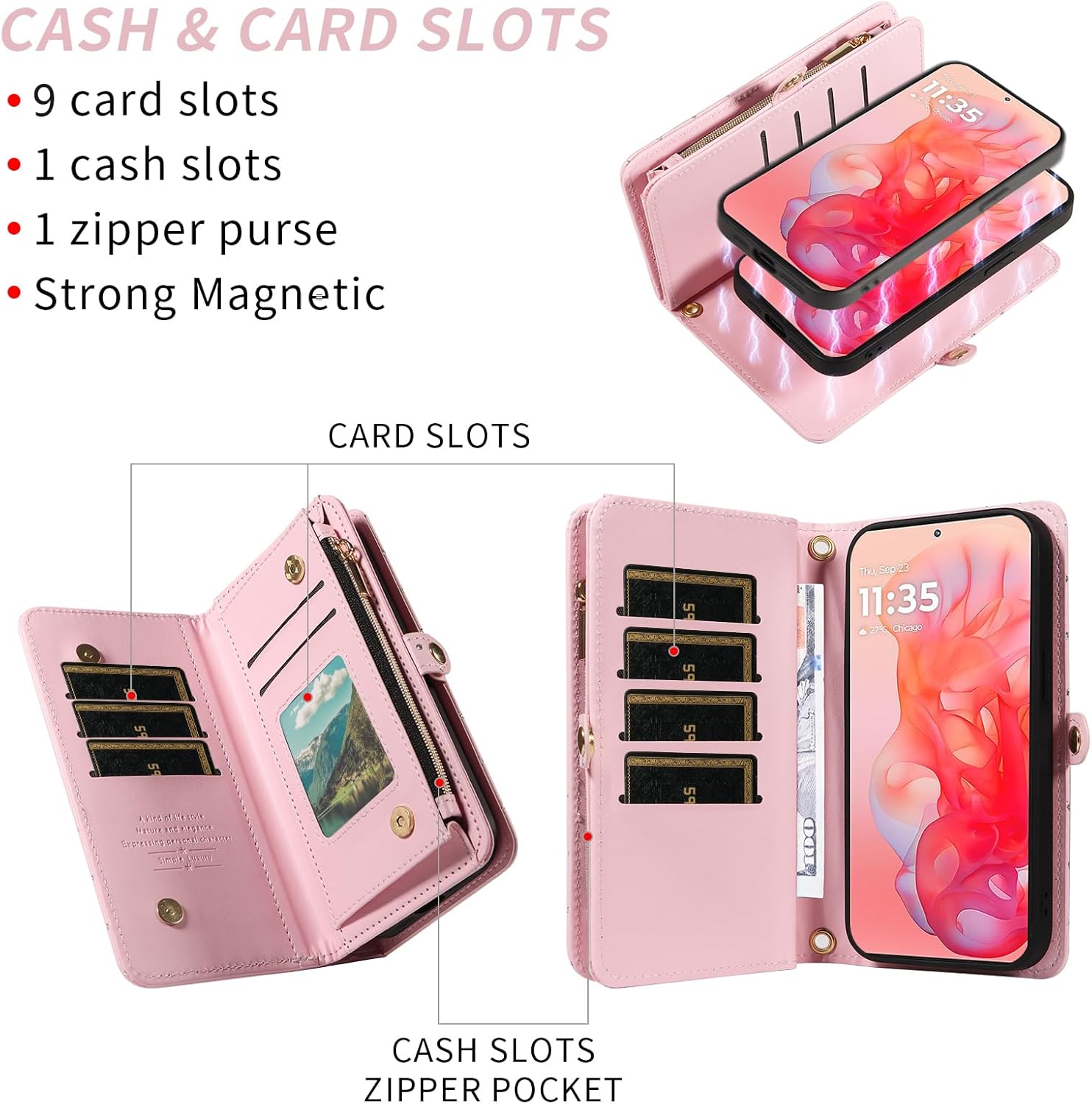 Asuwish Phone Case for Motorola Moto G Stylus 5G 2024 Zipper Wallet Detachable Cell Cover with Tempered Glass Screen Protector Crossbody Lanyard Strap Glitter Flip Card Holder Slot G5 Women Girls Pink