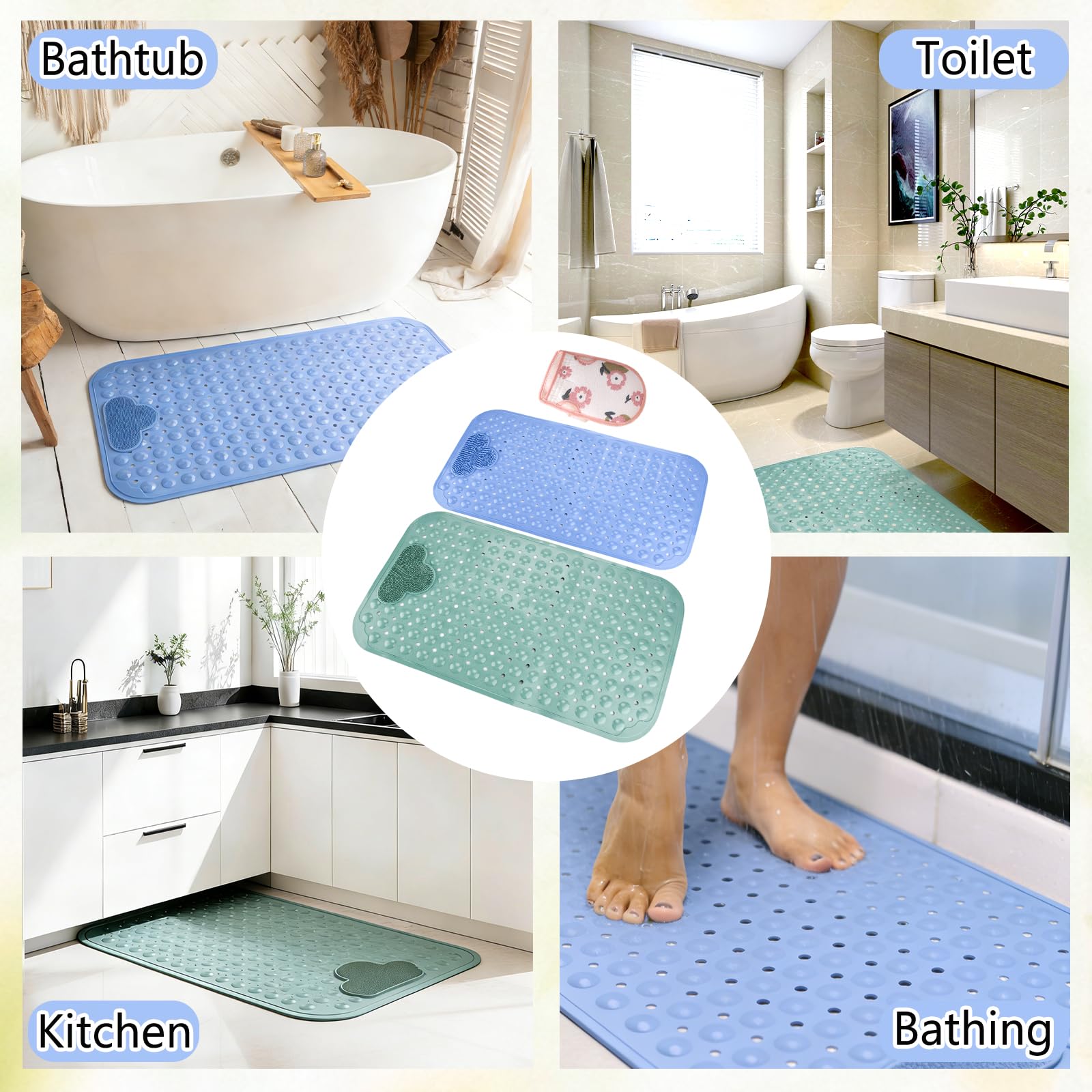 JOYBOY Tappeto Doccia Antiscivolo, 2pcs Tappetino da Vasca Antiscivolo(70x40 cm) con Ventose e Fori di Drenaggio, Morbida TPE per Vasca, Bagno(con Guanto da Bagno)