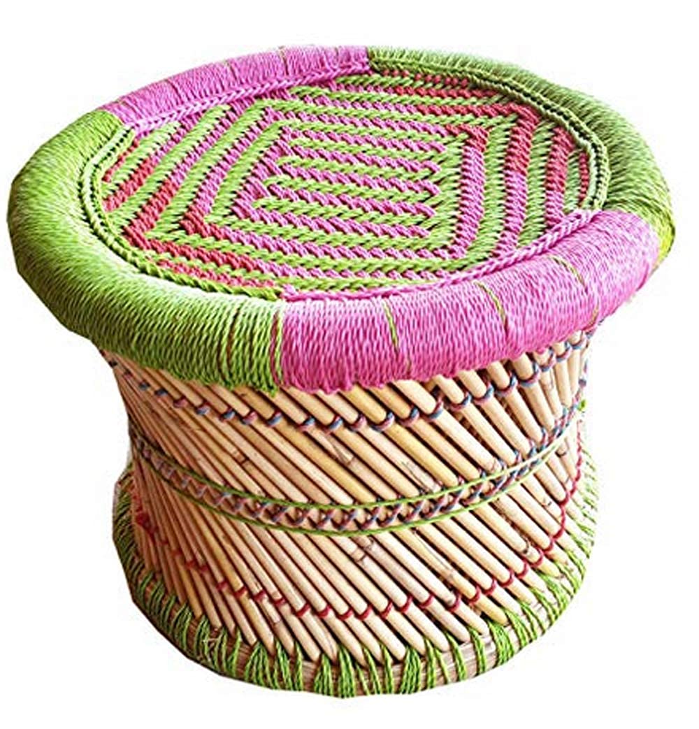 Comfortable Eco-Friendly Handicraft Finest Bamboo Sitting Chair, Stool, Mudda for Outdoor, Indoor, Garden Furnishing (10 inch Height) (Green & Pink, Pack of 1)-image-44