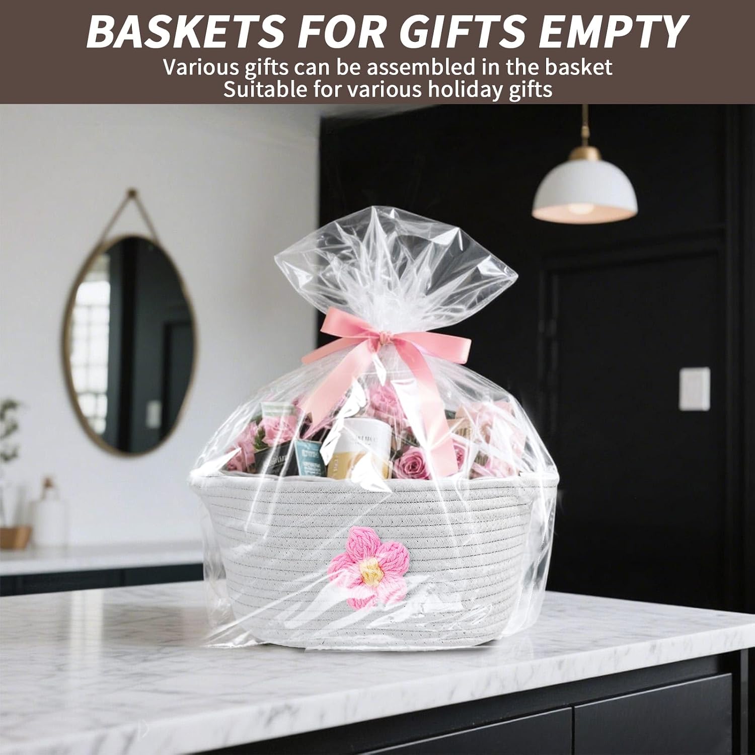 Esme L&H 6“ Deep Gift Basket Empty with Bag & Ribbon, Large Capacity Gift Basket,-12"x9"x6", Gift Boo Baskets Empty, Versatile Cotton Rope Storage for Small Items, Baby, Pet Toy(White)