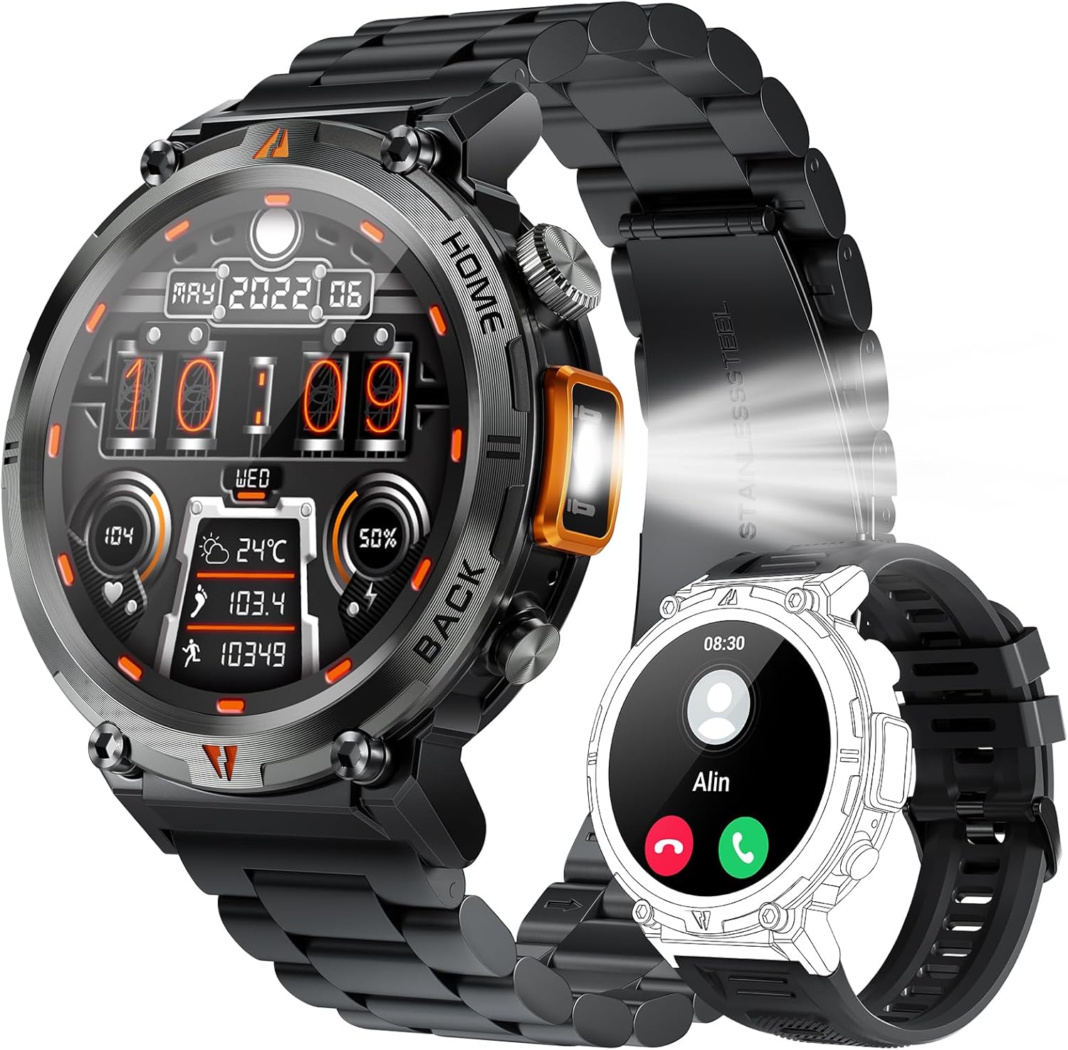 Military Smart Watch for Men 3ATM Waterproof Tactical Rugged Smart Watch with Bluetooth Call Flashlight 1.45" Big Screen Fitness Tracker Heart Rate Sleep Monitor Sports Smartwatch for iPhone Android