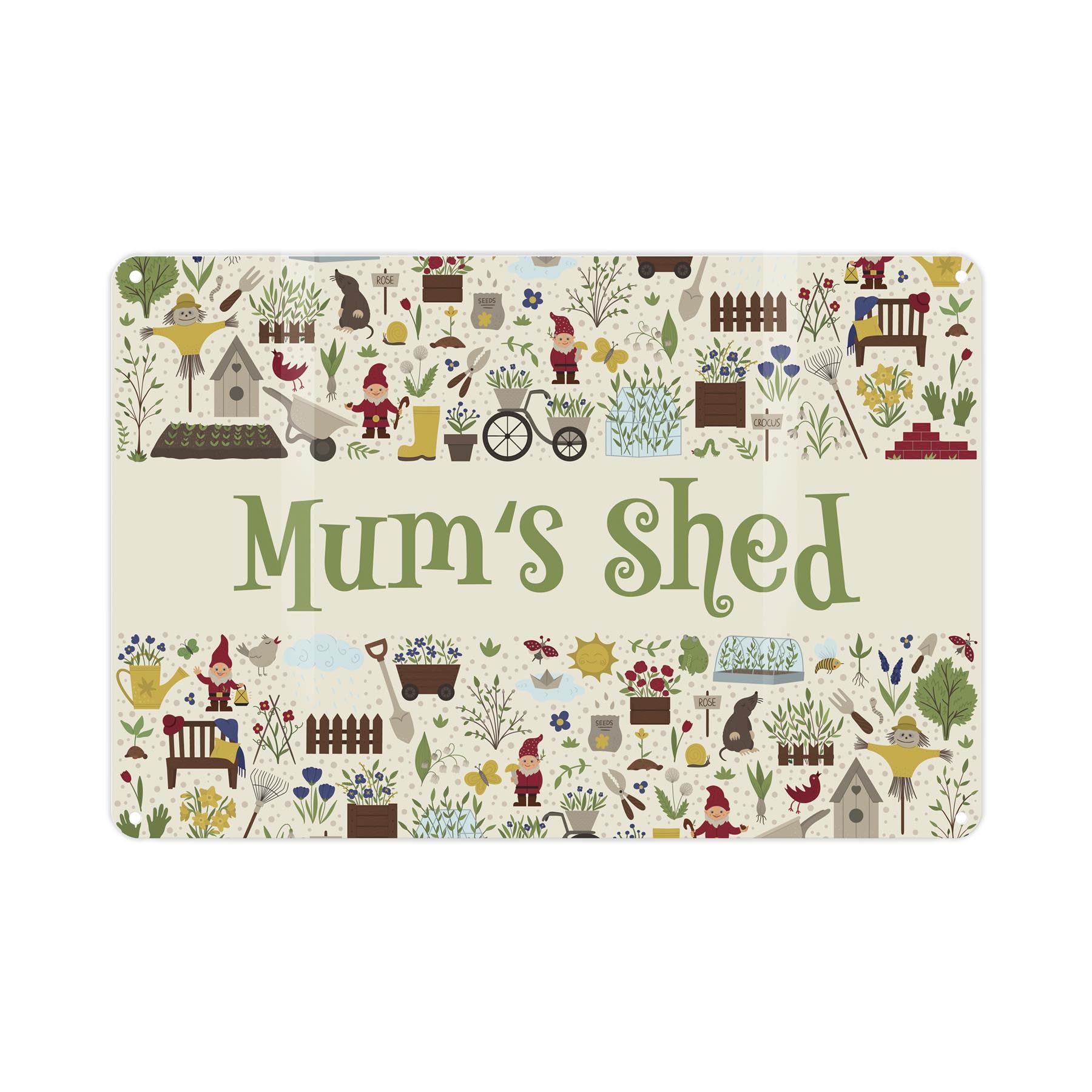 Mum's Shed Sign - Green Cartoon Gardening Doodles Metal Plaque Gifts for Mum