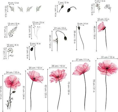 Miniatura 5 de decalmile Calcomanías de pared grandes con flores de amapola rosa, calcomanías de pared de flores florales para dormitorio, sala de estar, fondo de