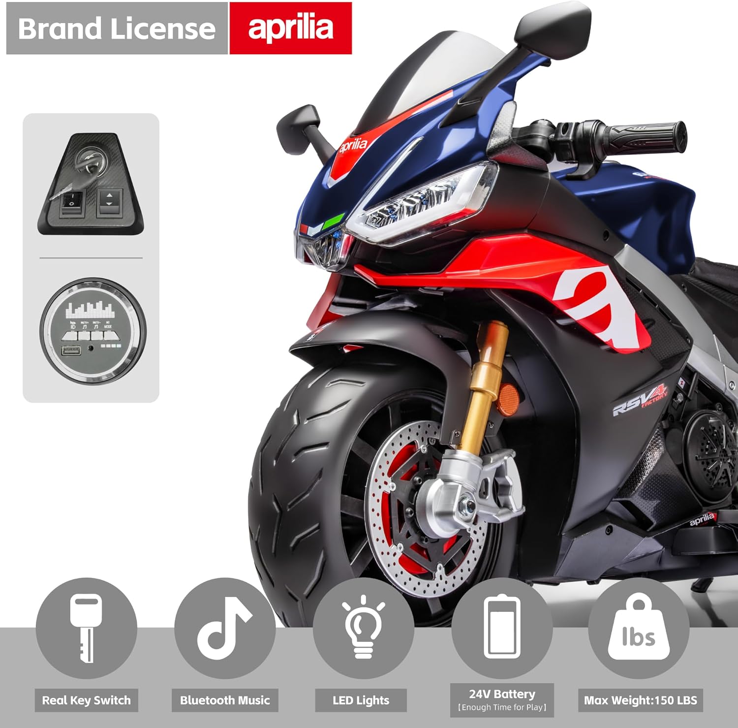 24V Kids Motorcycle, Aprilia Licensed Kids Electric Motorcycle 200W Motor up to 10 MPH with Long Battery Life, Thread Wheels, Training Wheels, Large Seat-Blue