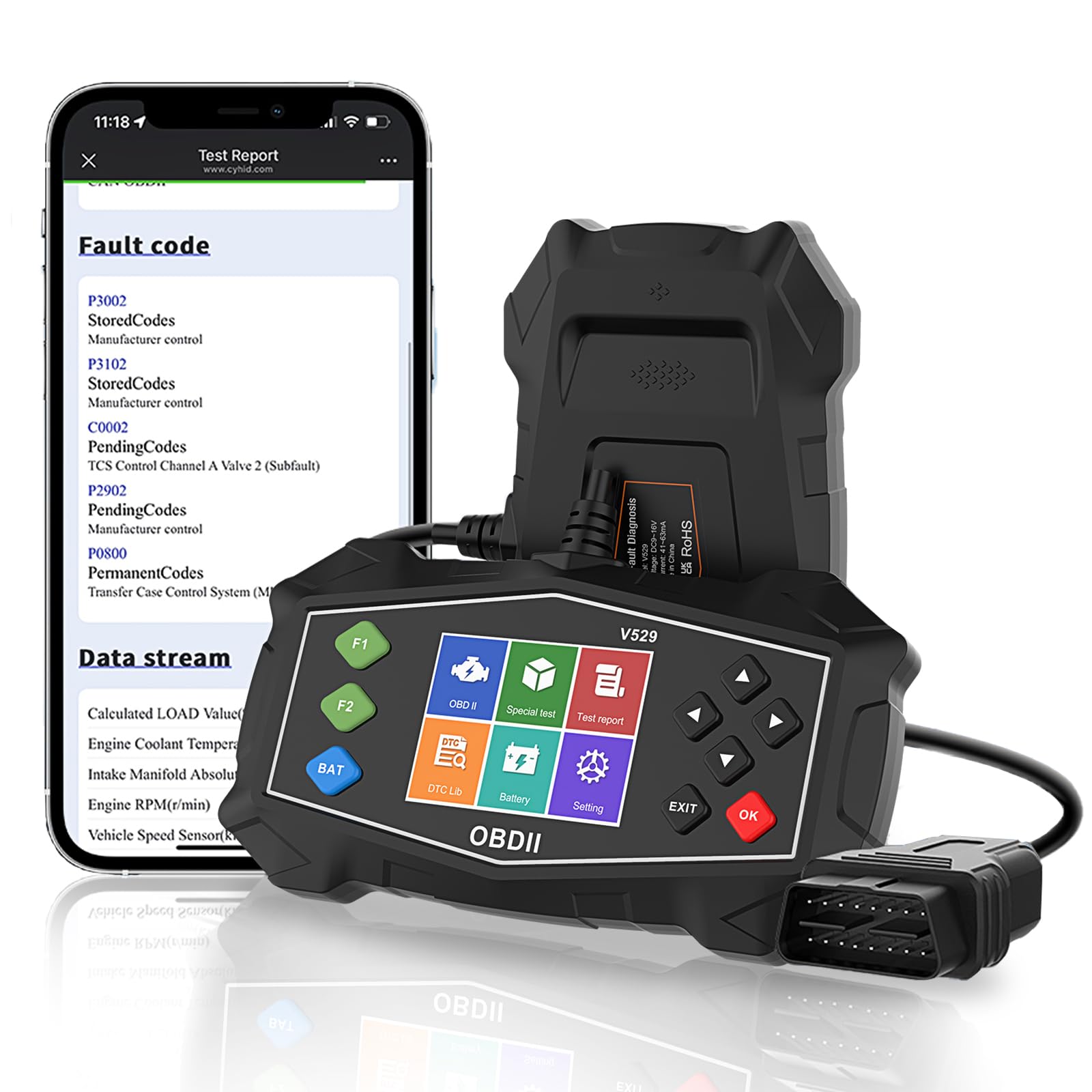 SinoTrack V529 OBD2 Scanner displaying various diagnostic functions like Read/Clear Codes, Live Data Stream, Battery Voltage Test, Freeze Frame, Oxygen Sensor Test, Vehicle Info, I/M Readiness, and EVAP Test.