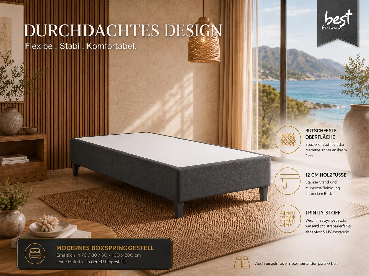 BoxspringbettGestell 90x200 | Gepolsterter Bettrahmen ohne Matratze | Modernes Einzelbett mit 12 cm hohen Holzfüßen | Wasserfestes & Strapazierfähiges BoxspringrahmenBett