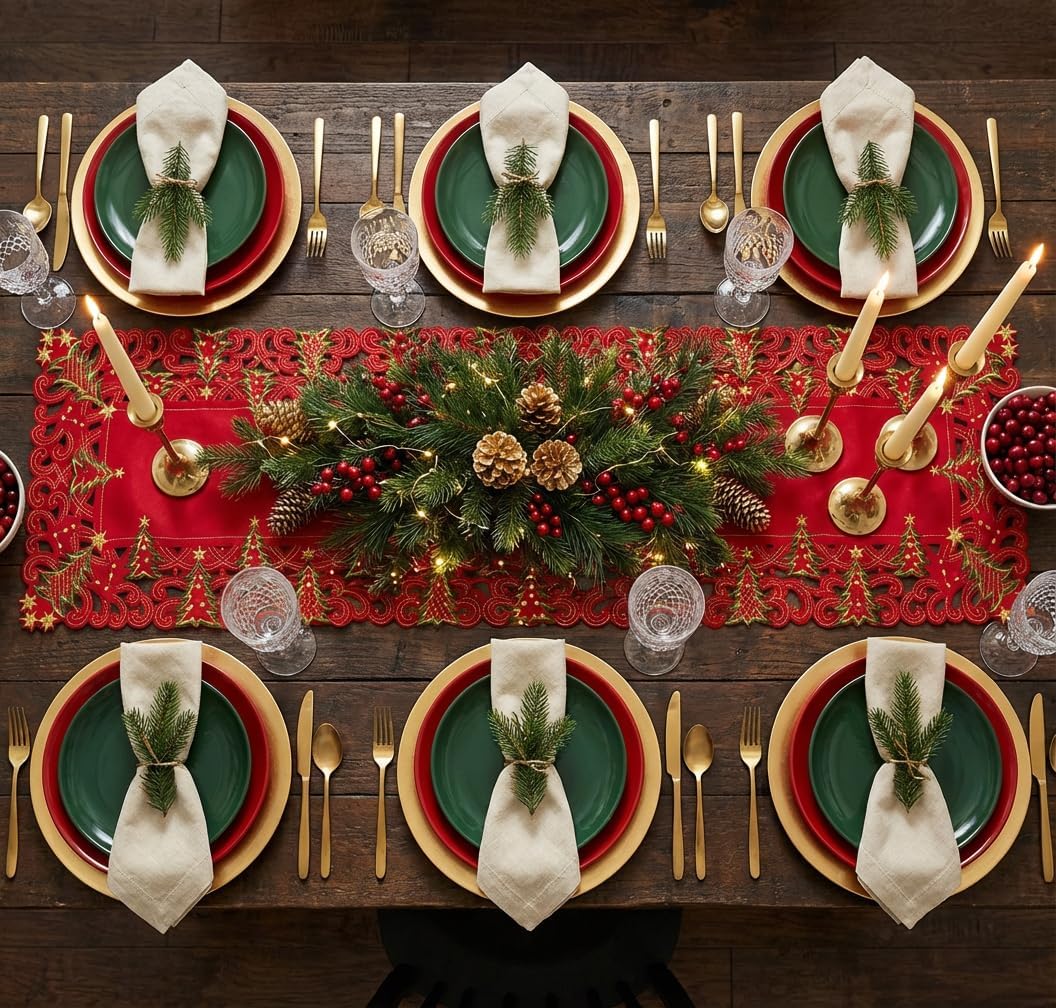 SHANGRLA Christmas Table Runner 90 Inches Long – Red Lace Tablerunner with Embroidered Xmas Tree, Gold Stars & Cutwork Design – Holiday Table Decor for Dining Room, Coffee Table Centerpiece