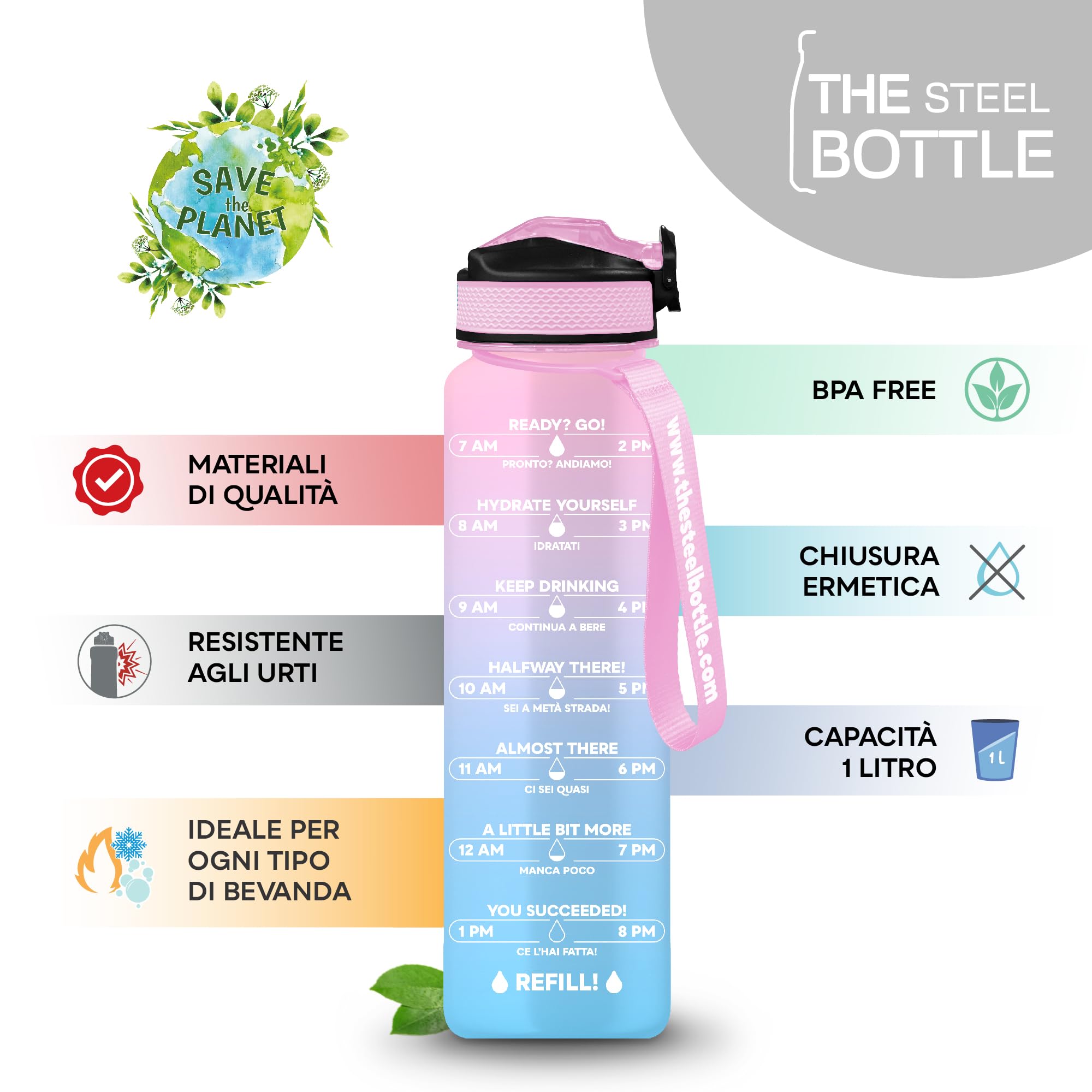 THE STEEL BOTTLE - Botella de agua motivacional deportiva de 1 litro con niveles e indicador de tiempo, pajita y franjas horarias - BPA y Phthalate Free - cierre hermético (Ice Blue & Pink)