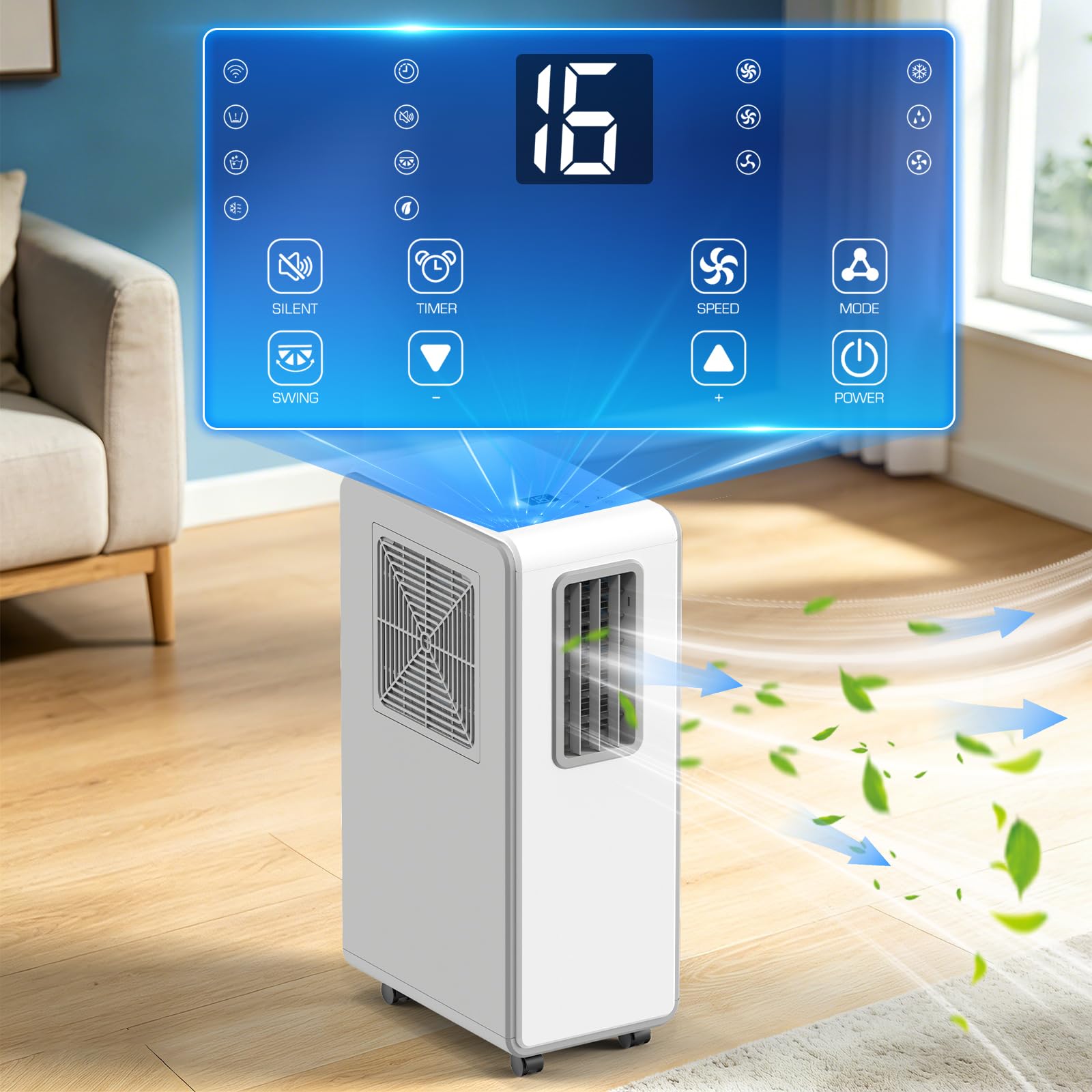 4-w-1 Przenośny klimatyzator z funkcjami chłodzenia, osuszania i wentylatora.Ultra Quiet Mobile AC Unit z 24H Timer do użytku domowego lub biurowego.