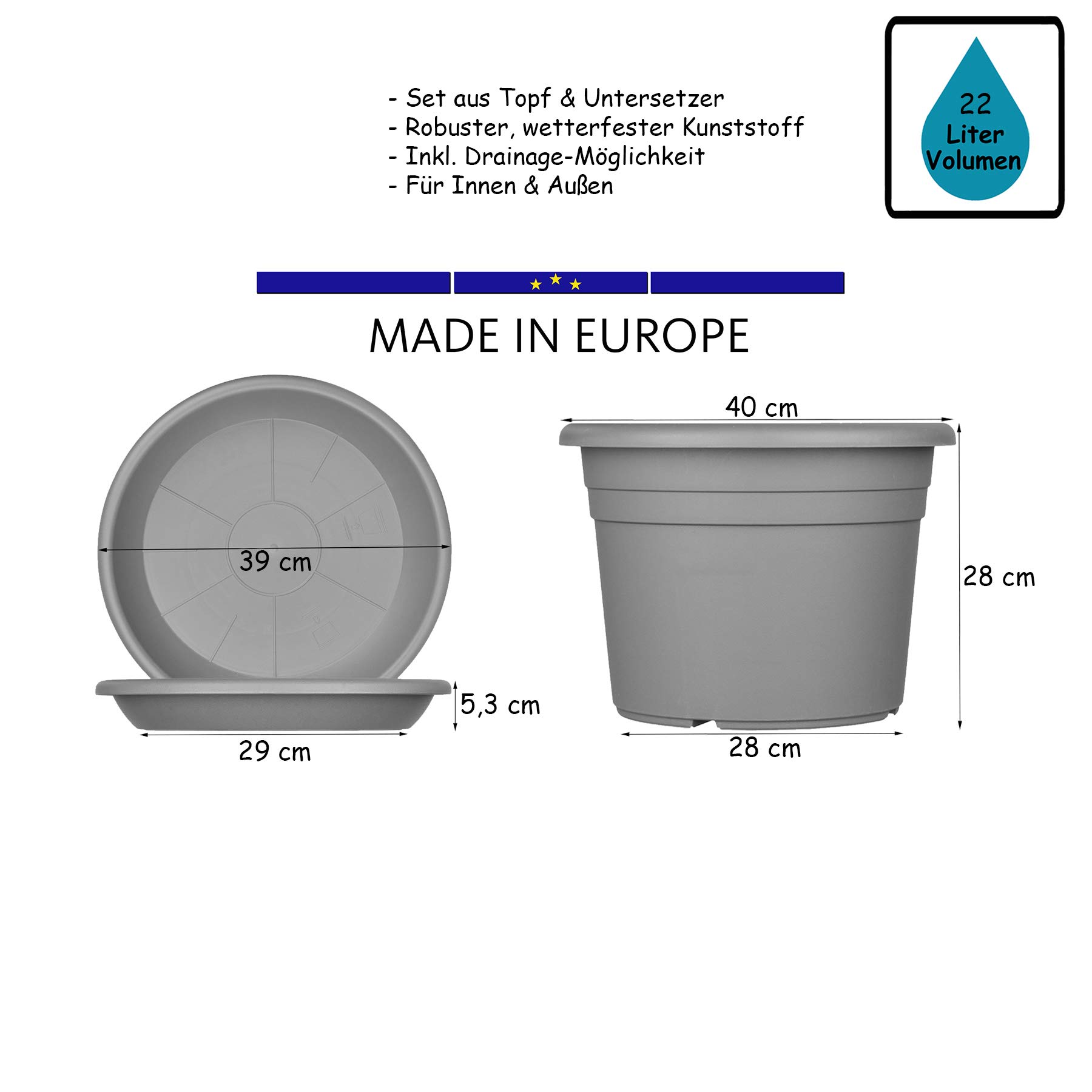 BigDean 5X Blumentopf mit Untersetzer Ø 40 cm Anthrazit 40 x 28 cm Topf | Blumentöpfe Kunststoff Pflanztopf Containertopf Übertopf Pflanzkübel rund, Robust & Langlebig, UV Beständig, Wetterfest