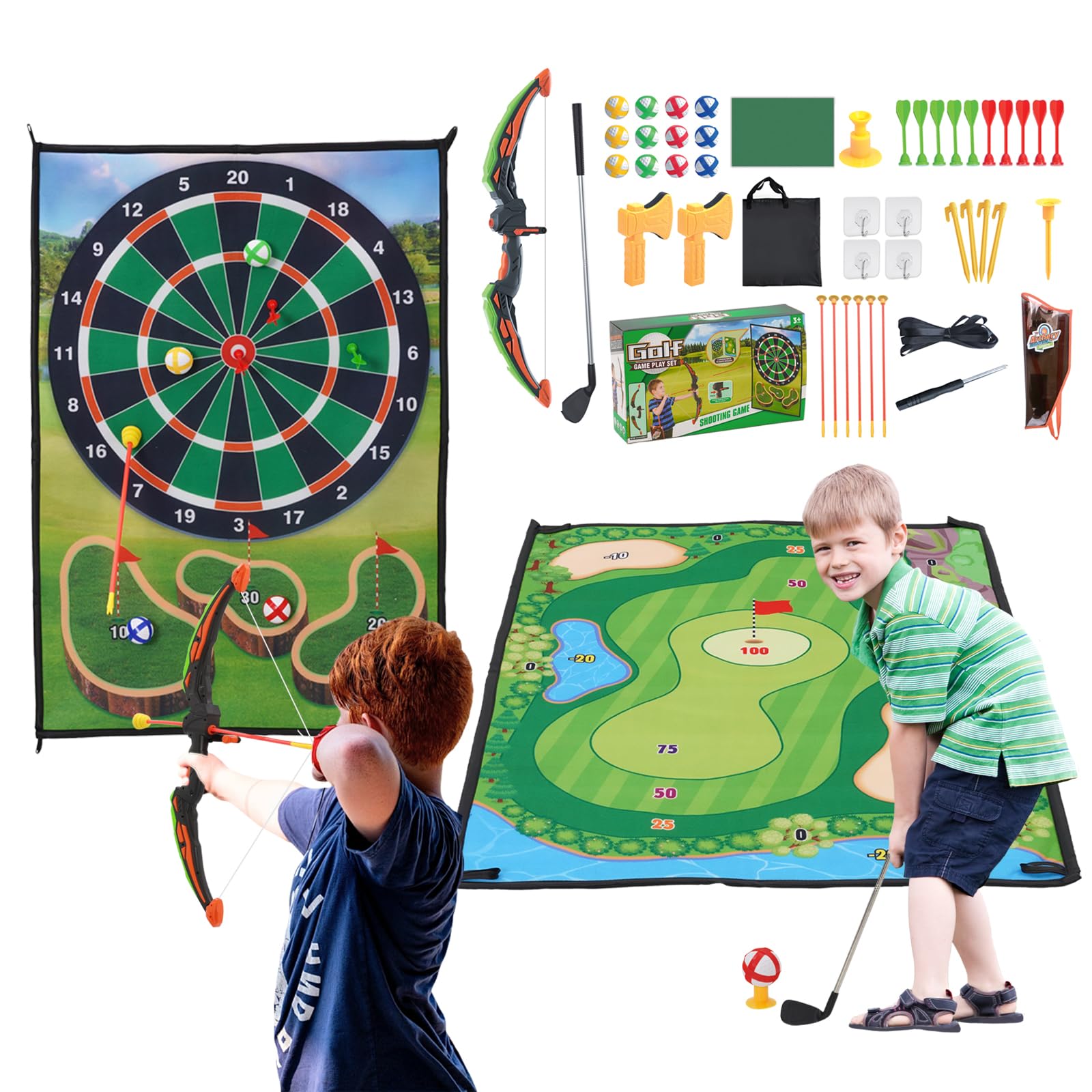 Bambini Arco e frecce e Mini Golf 2 in 1 Set di Giocattoli con 6 frecce e 12 Palle da Golf, Regalo per Ragazzi e Ragazze da 3 a 12 Anni, Giochi interattivi per la Famiglia all'aperto
