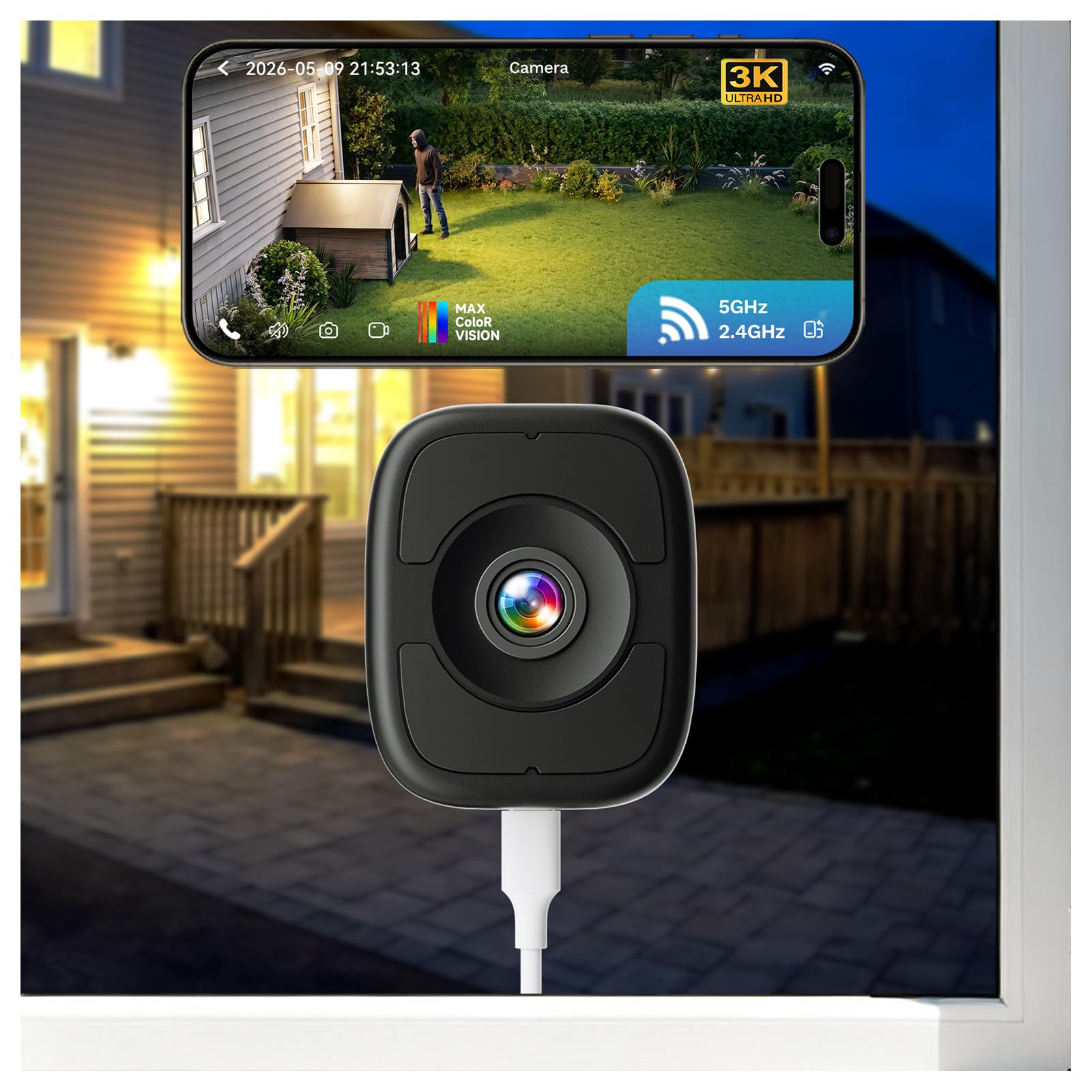 Telecamera magnetica per finestre da 5 MP 3K, telecamera Safeview per interni con visione notturna a colori, telecamera WiFi6 per la sicurezza domestica, rilevamento di veicoli umani AI, WiFi 2.4/5