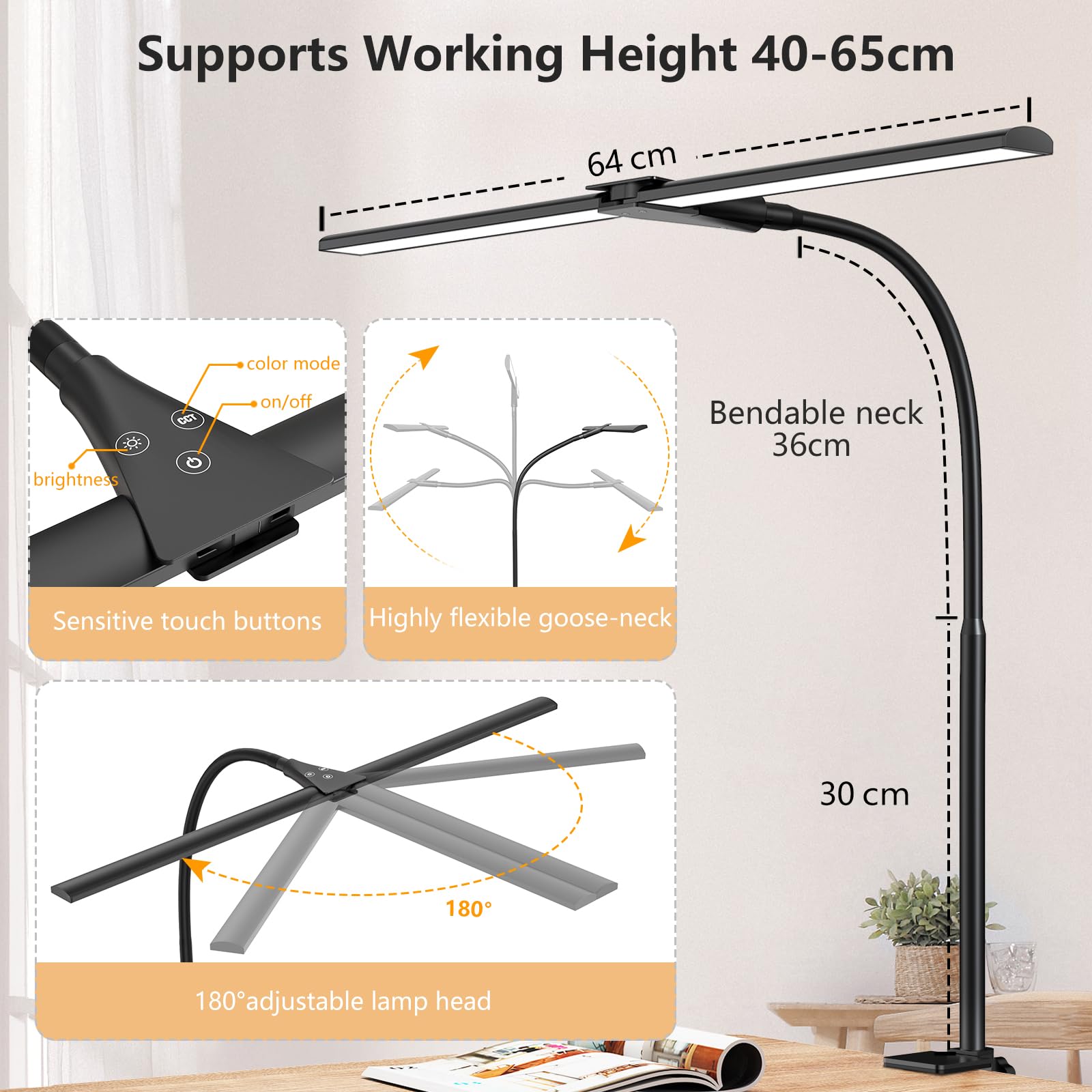 Schreibtischlampe LED Dimmbar 1200 Lumen Doppelkopf Klemmbar Augenschutz Schwanenhals Monitor Lampe Schwarz 5 Farbtemperatur-Helligkeitsstufen