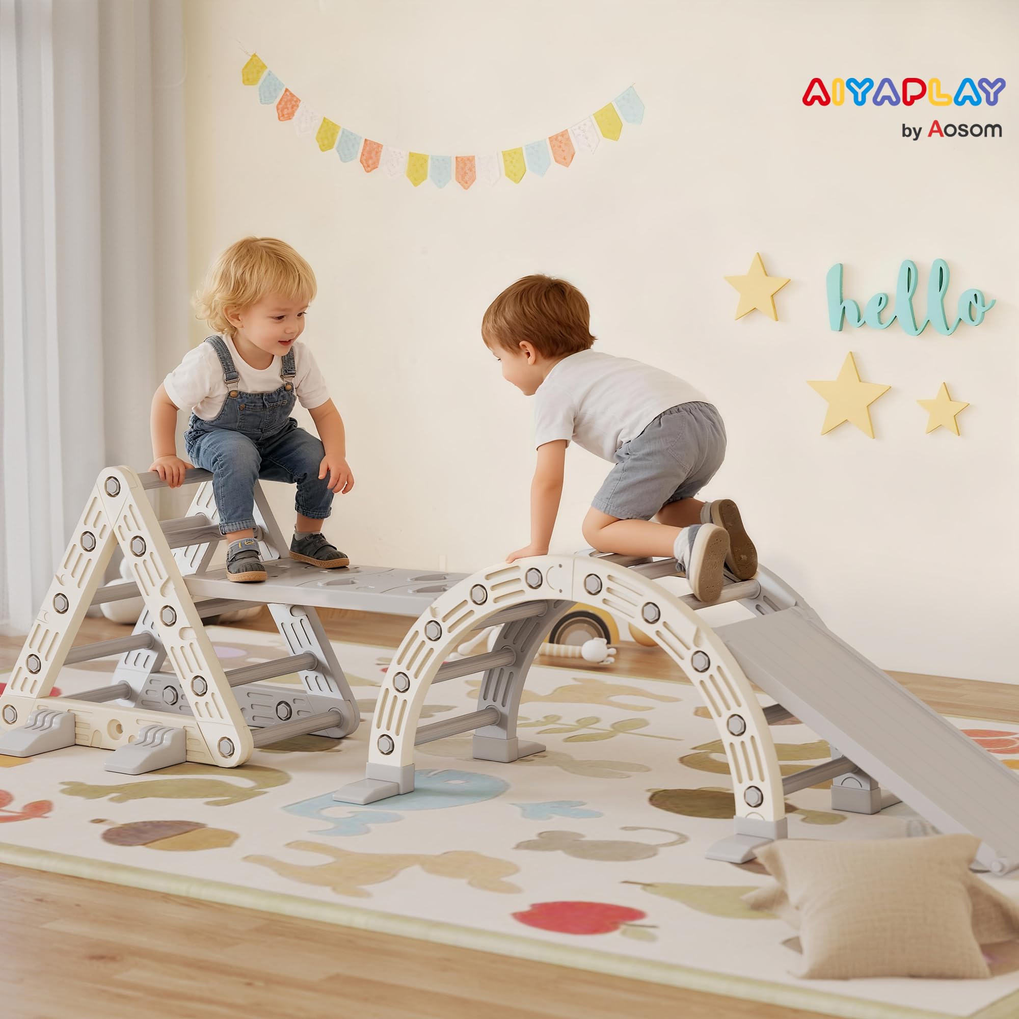 AIYAPLAY 5 in 1 Klettergerüst Montessori Indoor 18-48 Monate Grau+Weiß | Kletterdreieck mit Rutsche, Kletterbogen, Doppelseitige Rampe, Spielplatz Indoor, für Kinder